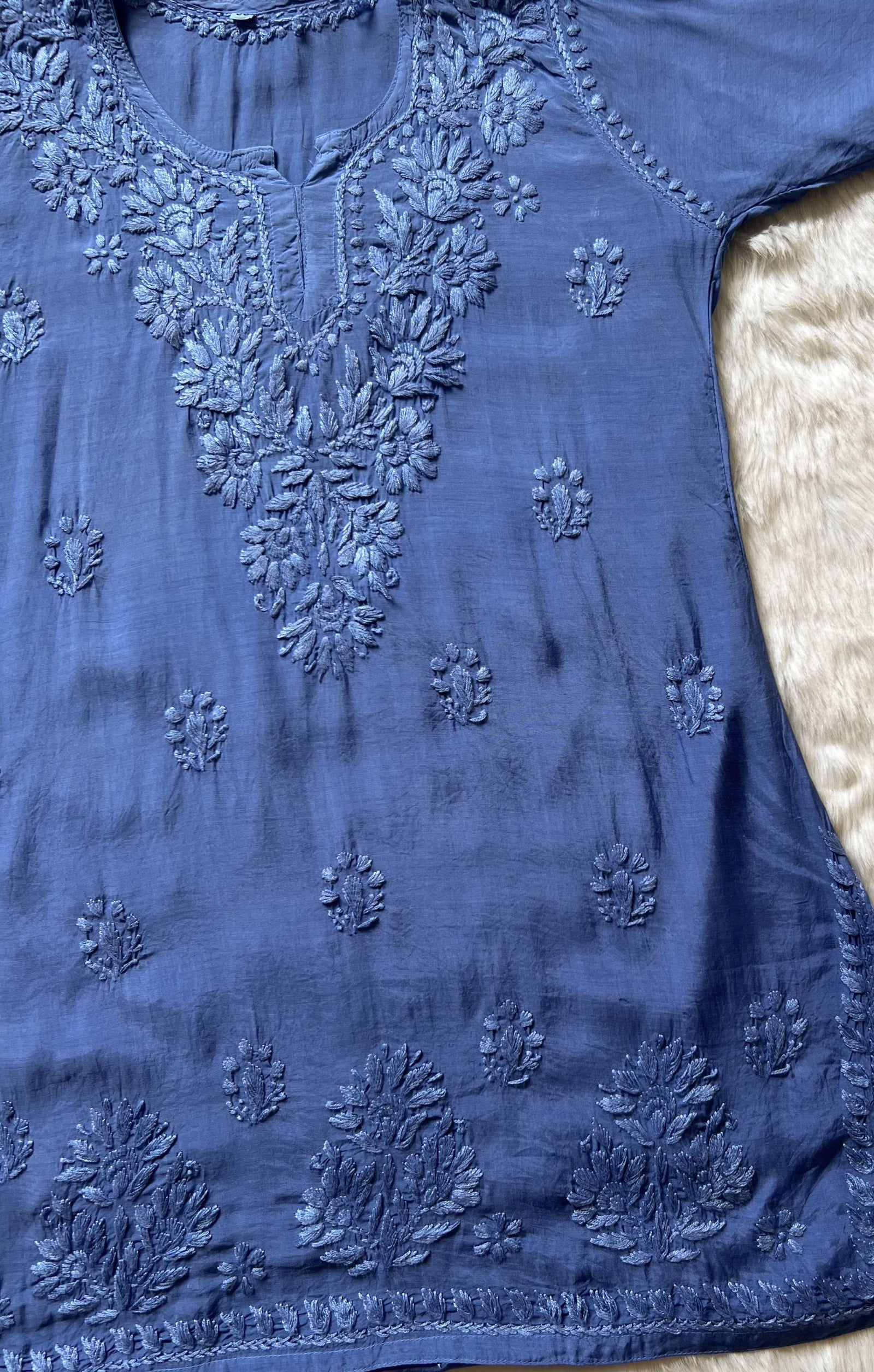 Gul Blue Short Muslin Chikankari Kurta