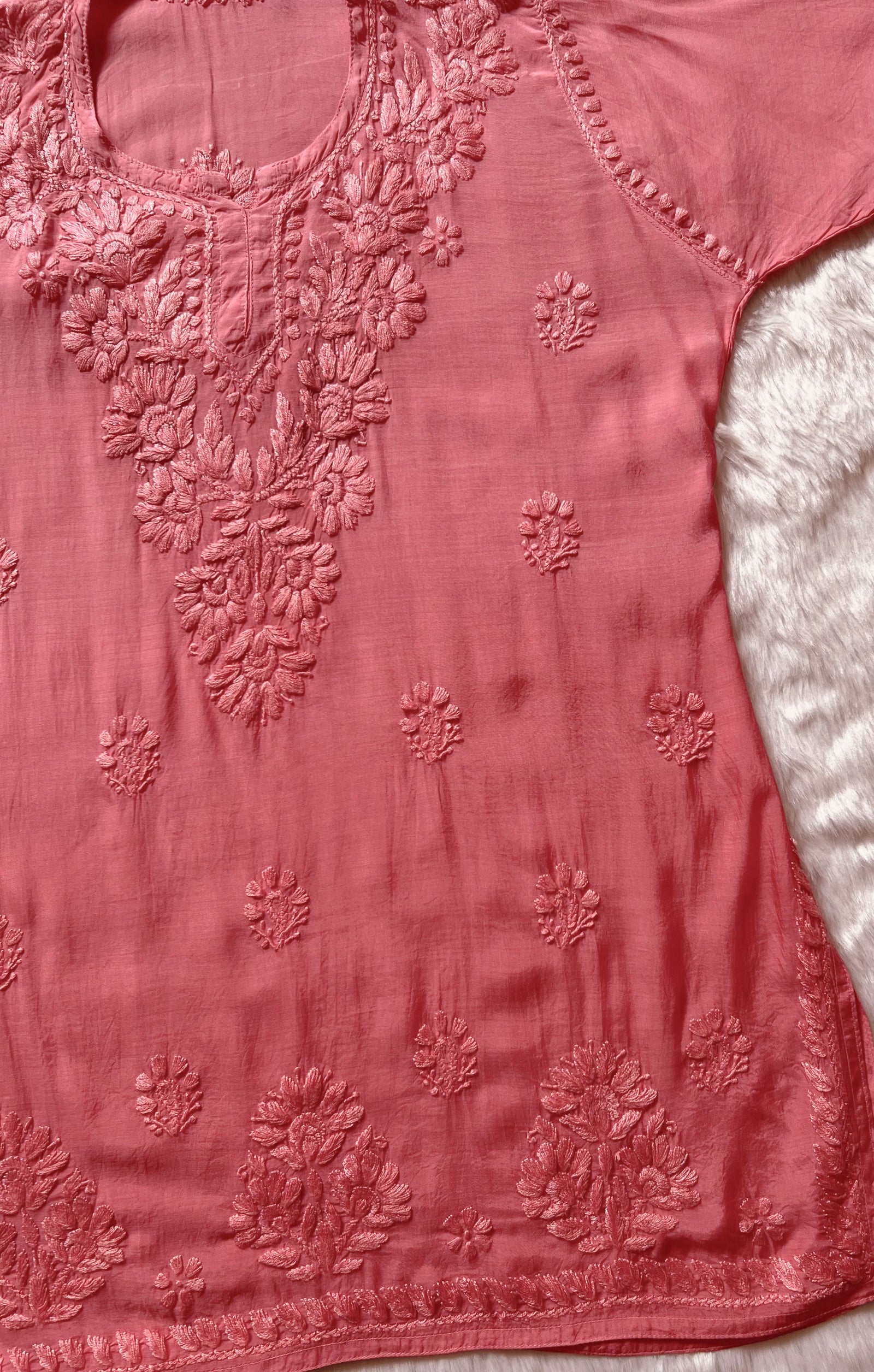Gul Peach Short Muslin Chikankari Kurta