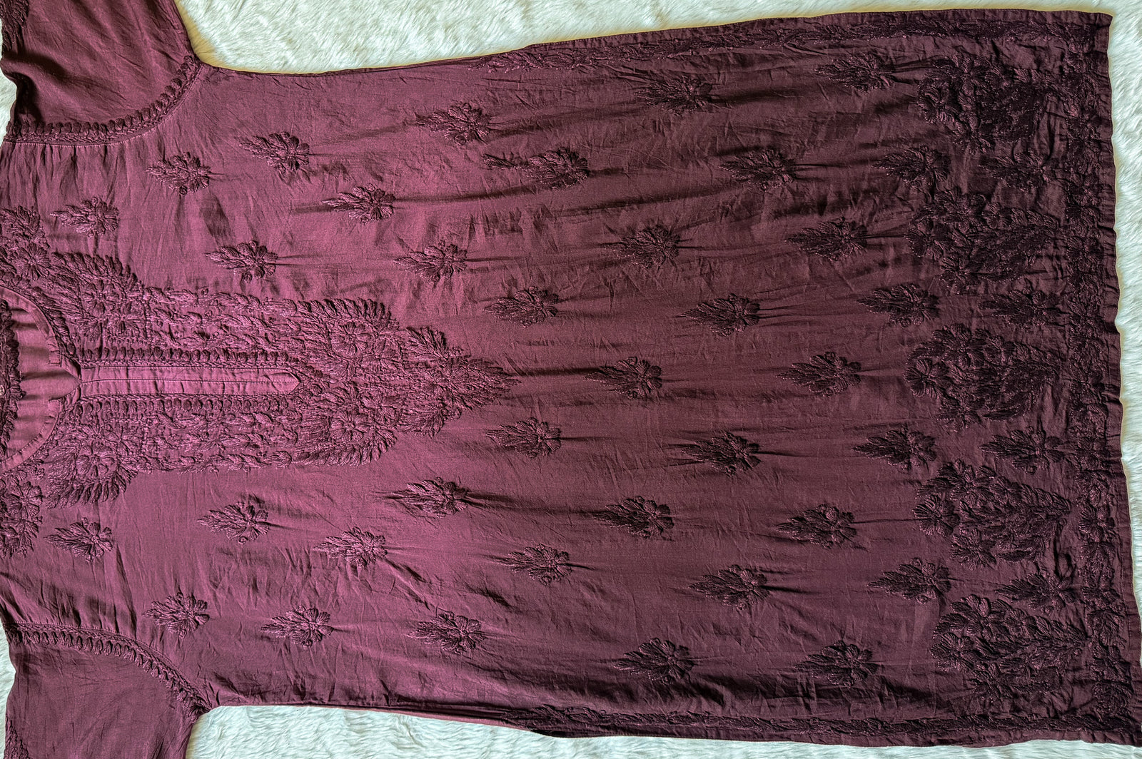 Gul Wine Chanderi Plus Size Chikankari Kurti