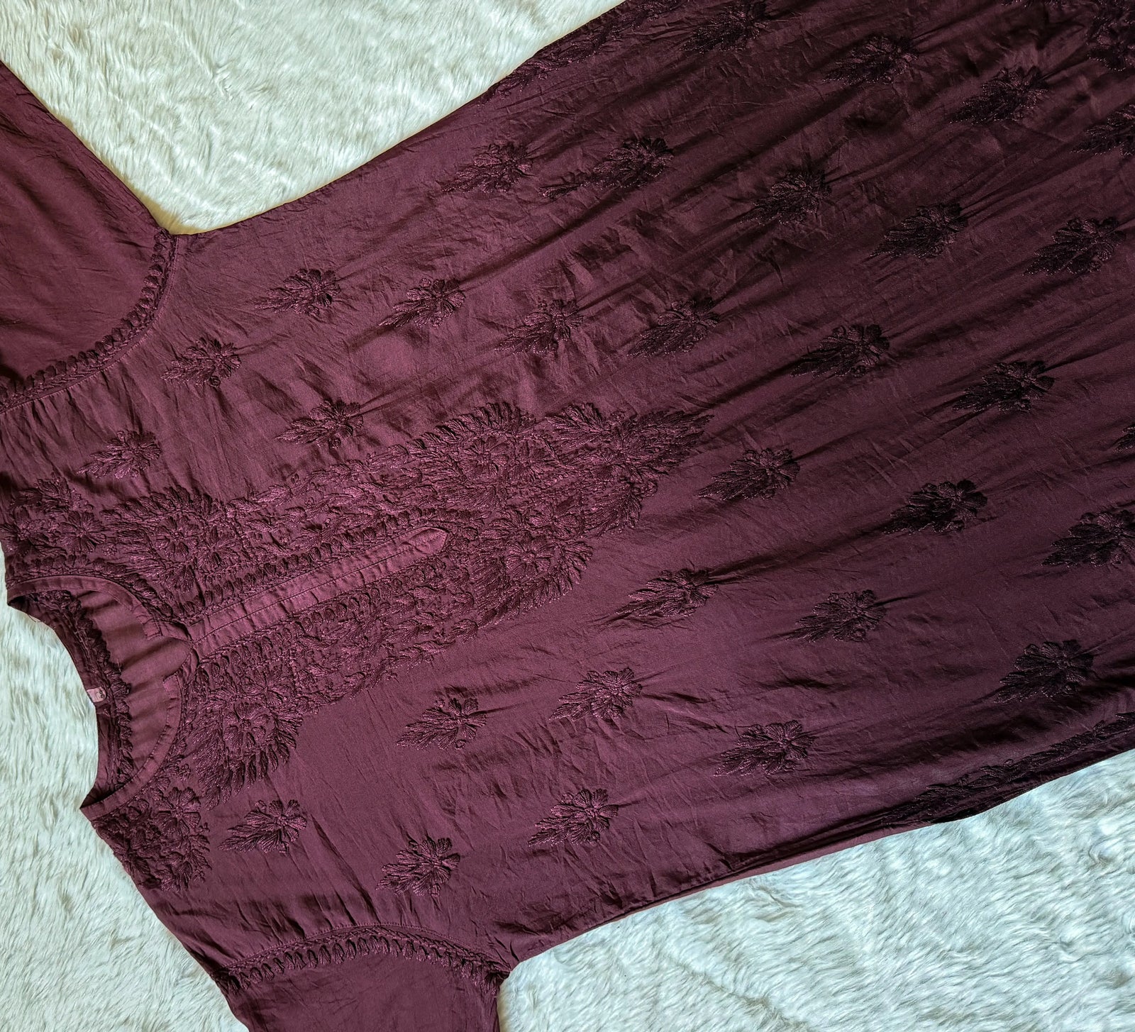 Gul Wine Chanderi Plus Size Chikankari Kurti