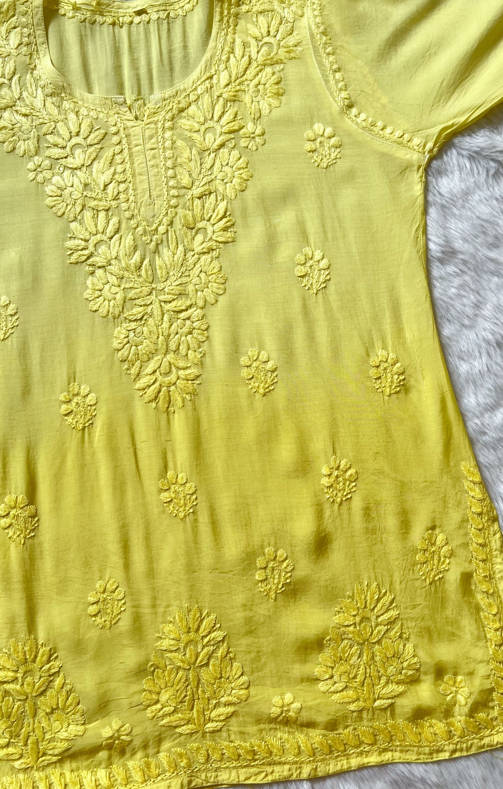 Gul Yellow Short Muslin Chikankari Kurta