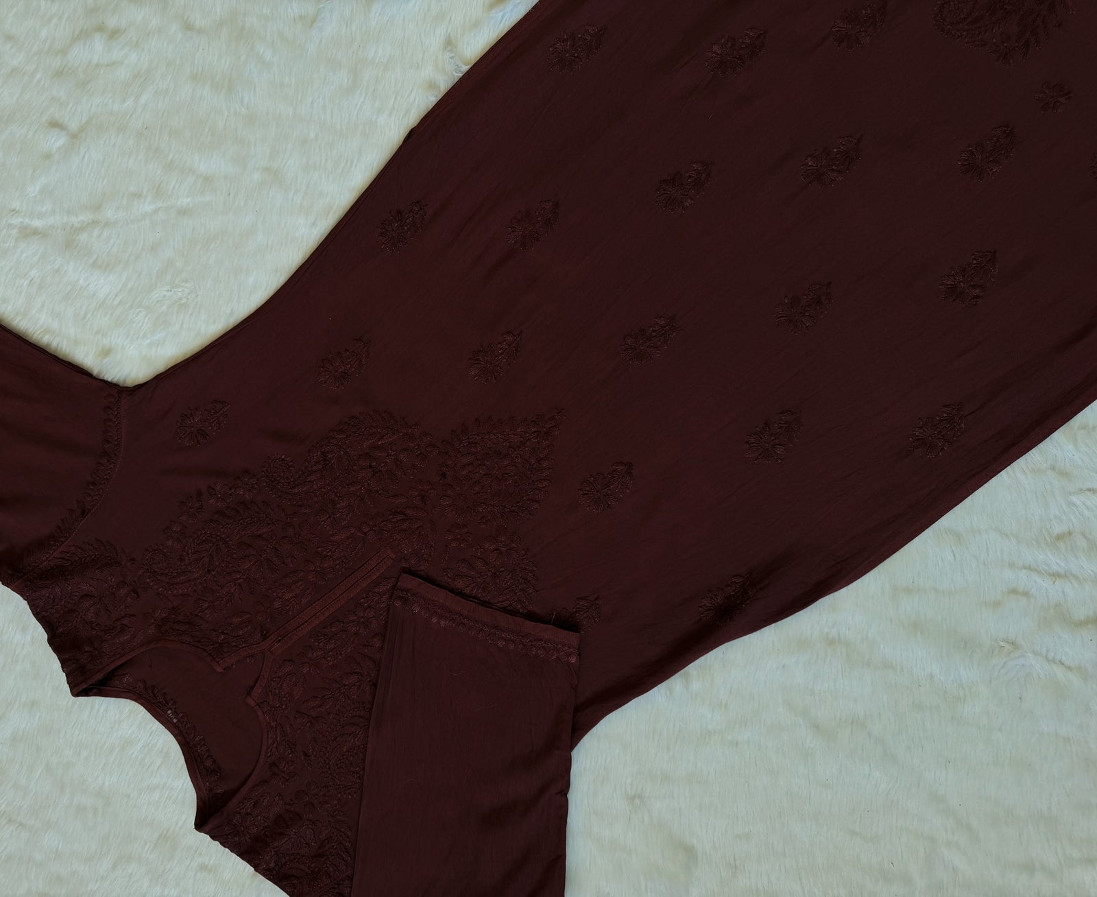 Haya Chocolate Brown Long Rayon Kurti with Chikankari Handwork