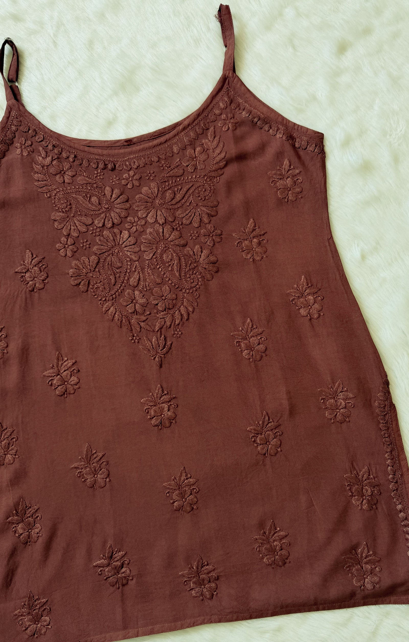 Heer Brown Sleeveless Short Rayon Kurti