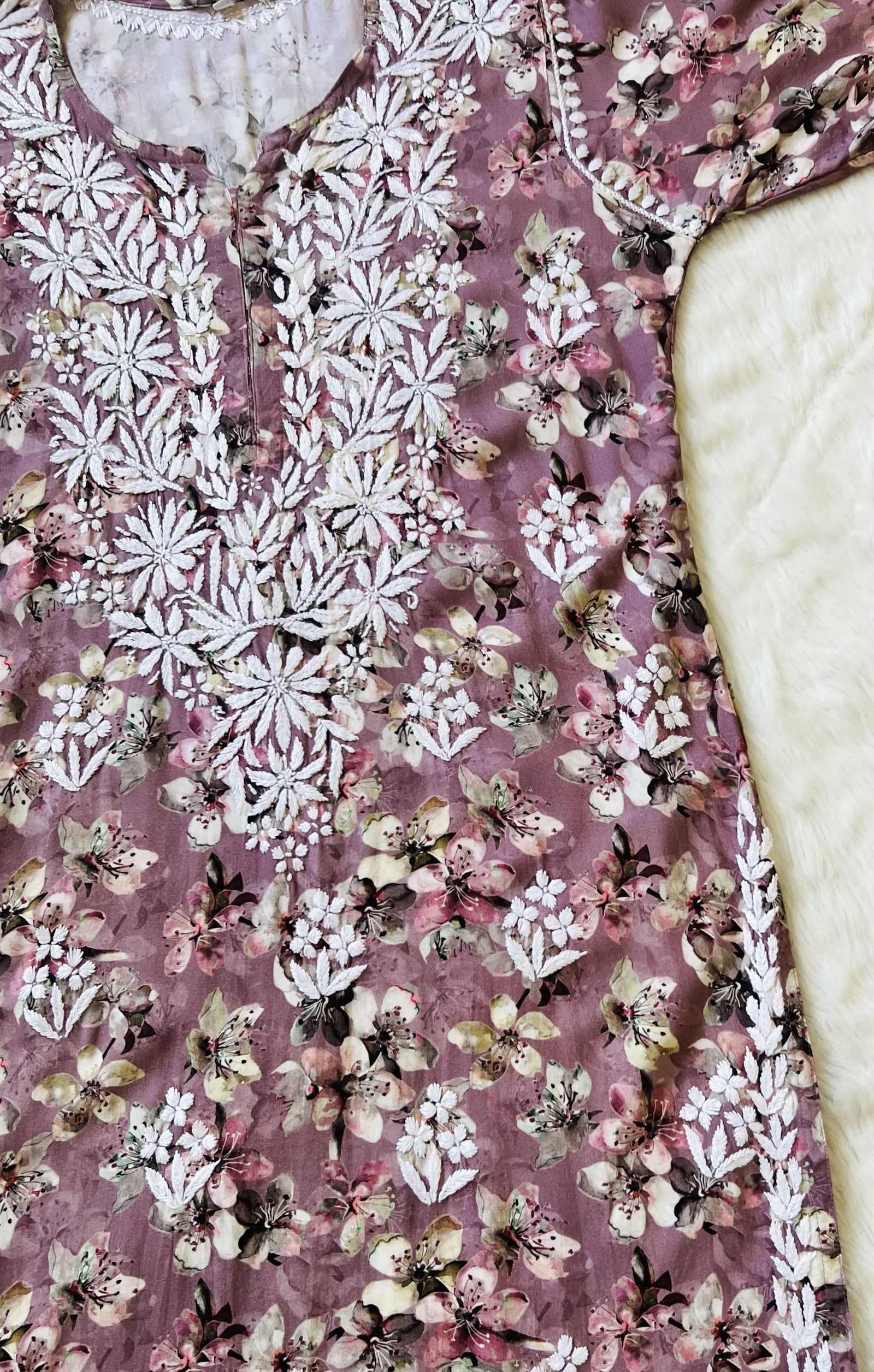 Hina Mauve Printed Rayon Kurta with White Chikankari Handwork