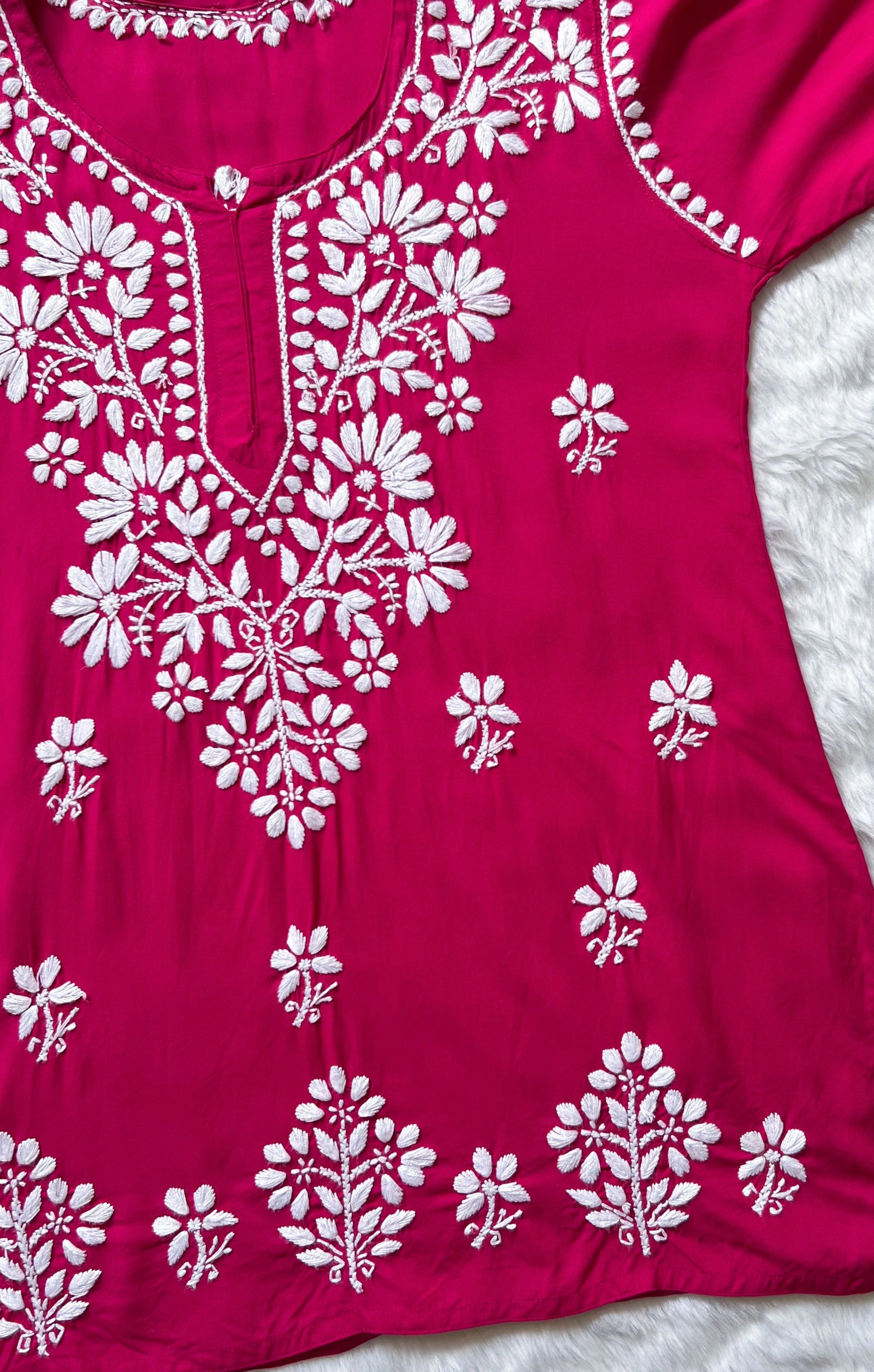 Hot Pink Short Rayon Kurta with White Chikankari