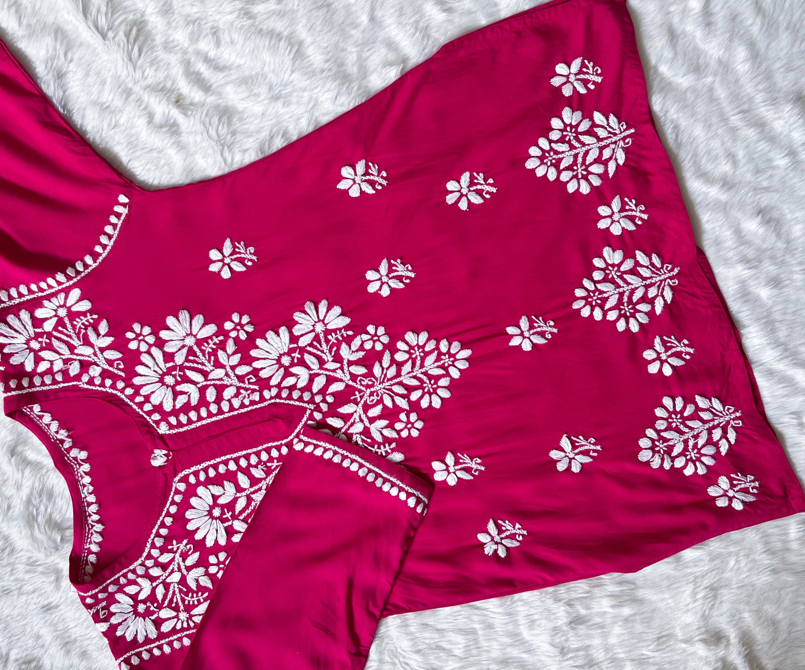 Hot Pink Short Rayon Kurta with White Chikankari