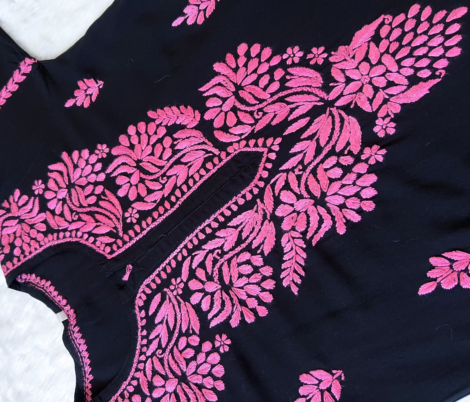 Huda Black & Baby Pink Rayon Chikankari Kurta