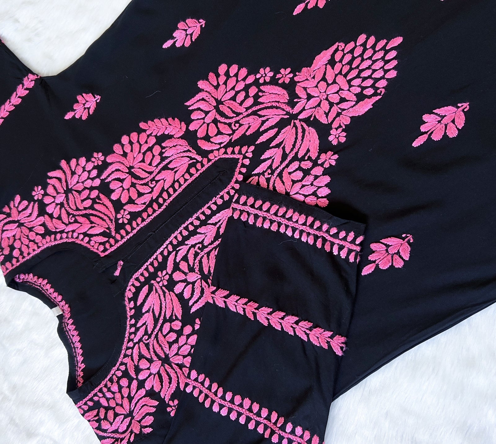 Huda Black & Baby Pink Rayon Chikankari Kurta