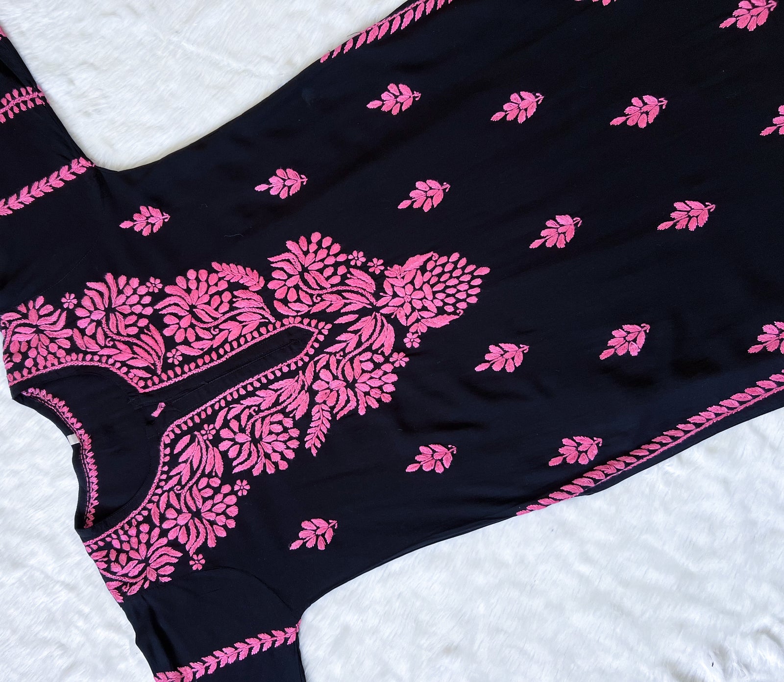 Huda Black & Baby Pink Rayon Chikankari Kurta