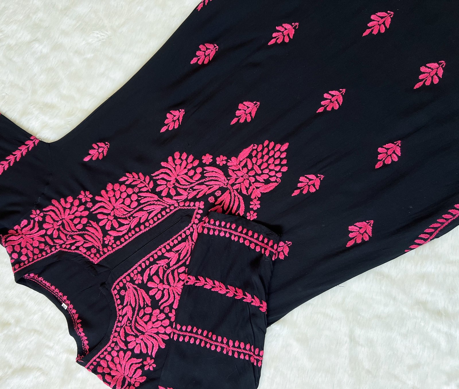 Huda Black & Rose Pink Rayon Chikankari Kurta