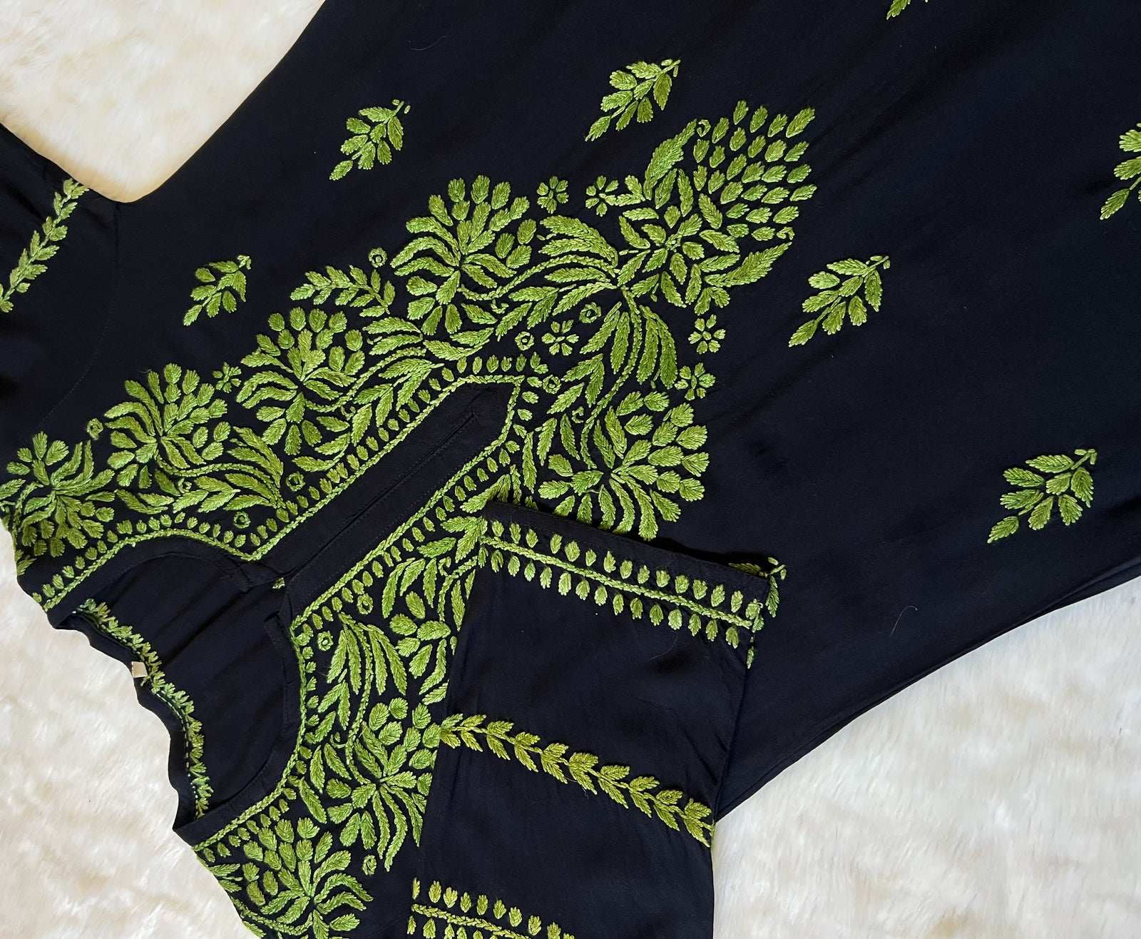 Huda Black & Sage Green Rayon Chikankari Kurta