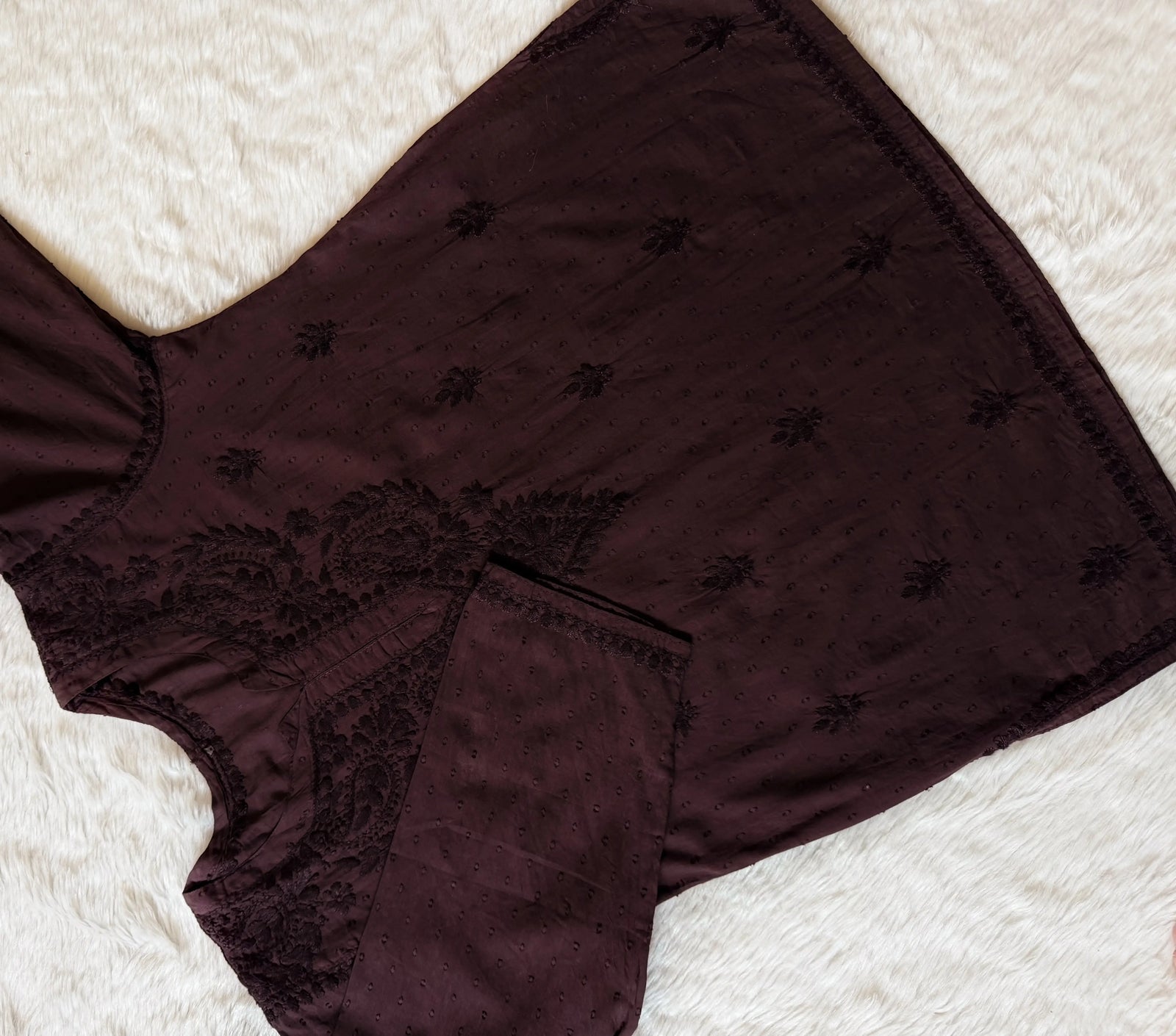 Huda Brown Pure Cotton Chikankari Short Kurti