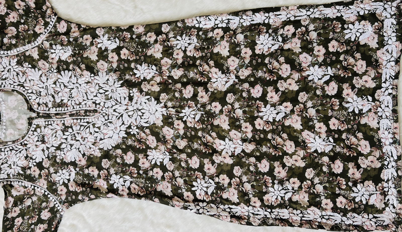 Iqra Olive Green Floral Printed Rayon Chikankari Kurta