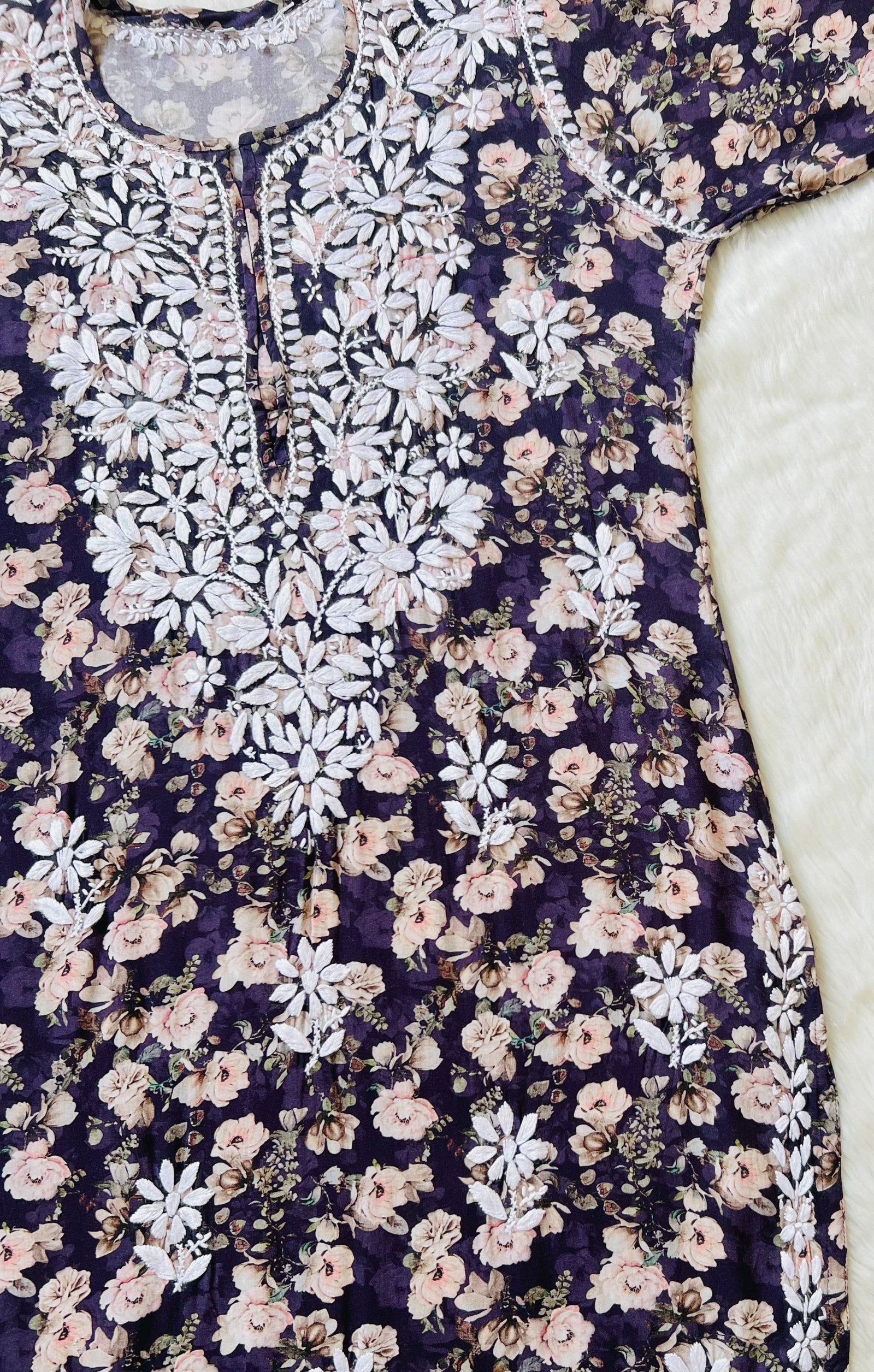 Iqra Purple Floral Printed Rayon Chikankari Kurta