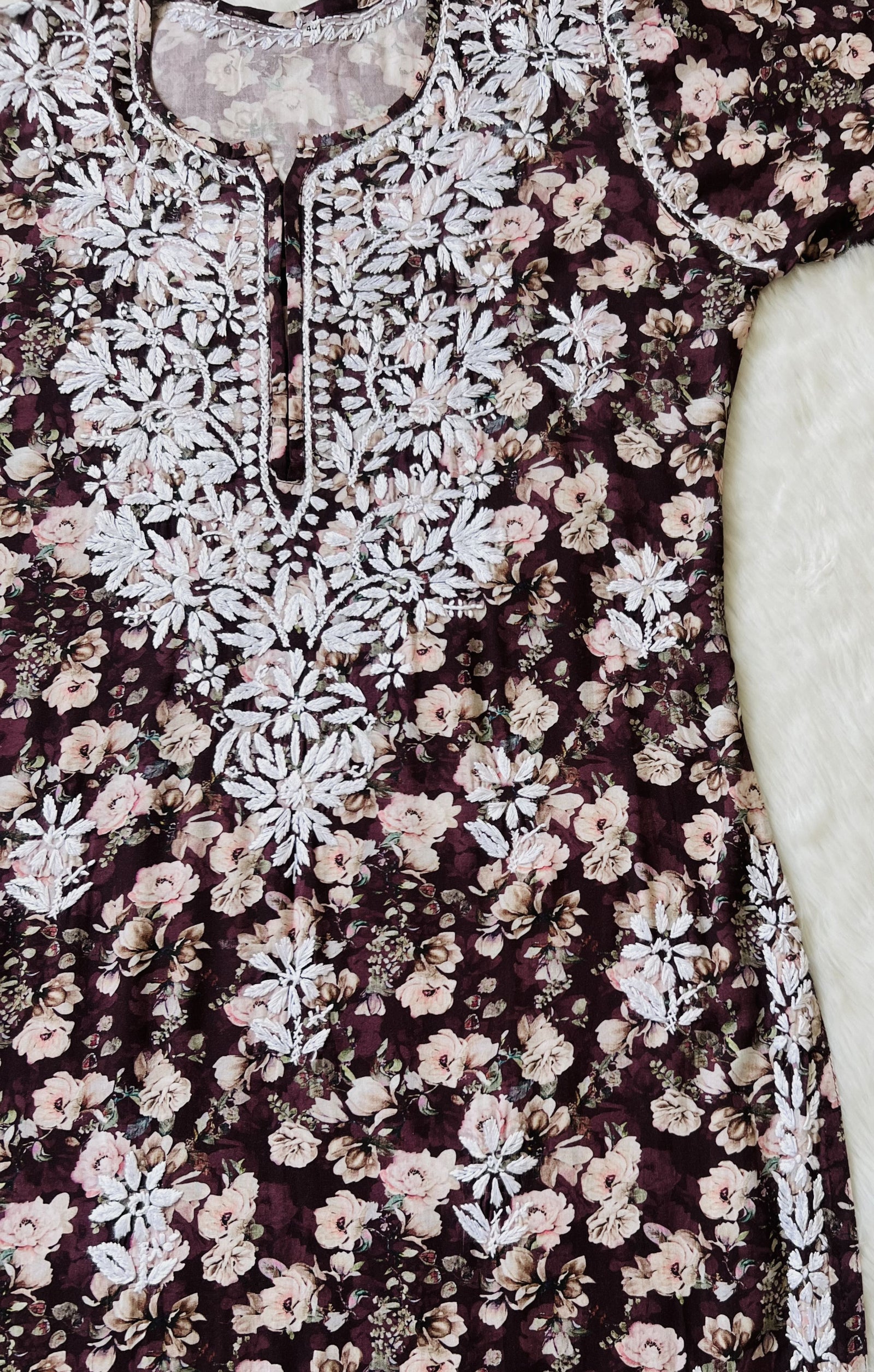 Iqra Wine Floral Printed Rayon Chikankari Kurta