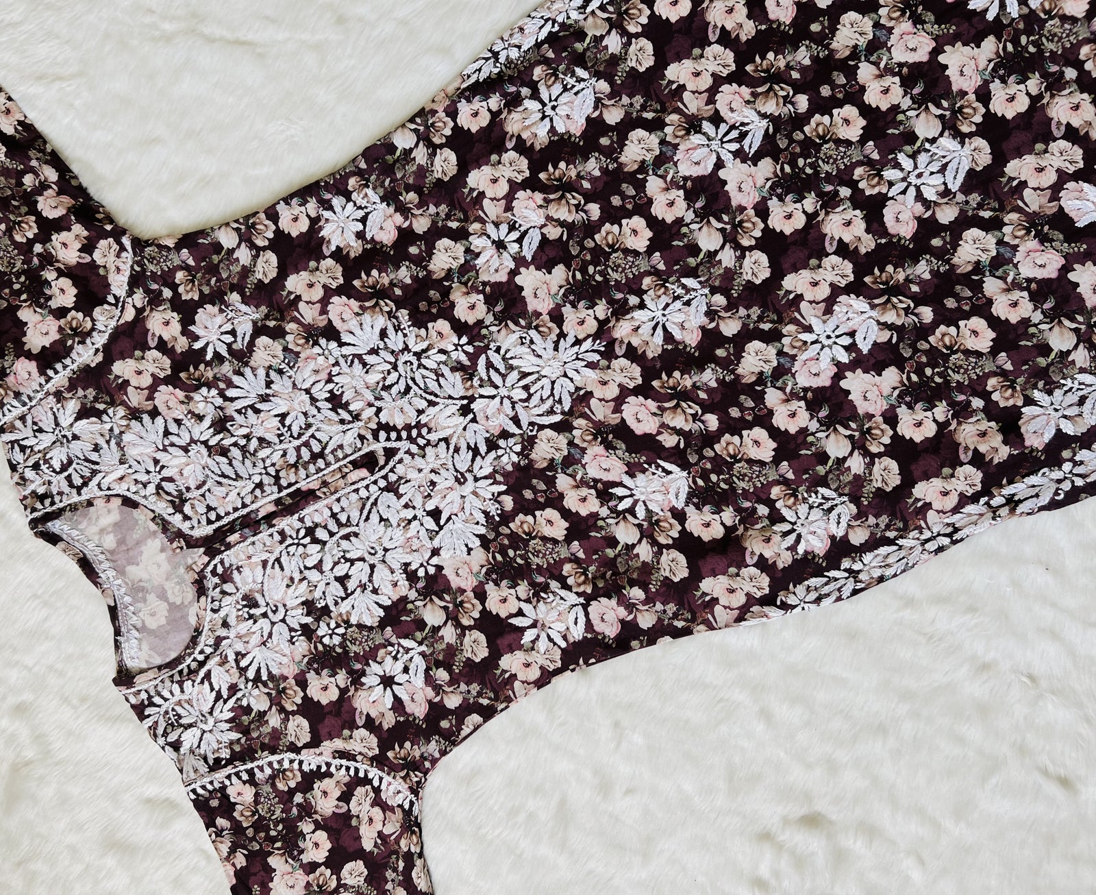 Iqra Wine Floral Printed Rayon Chikankari Kurta