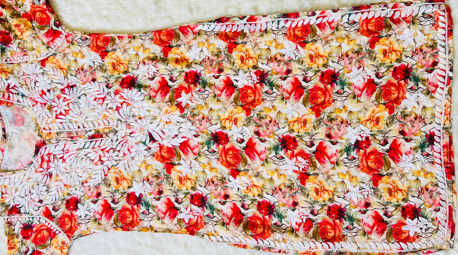 Kiara Peach Roses Printed Rayon Chikankari Kurta