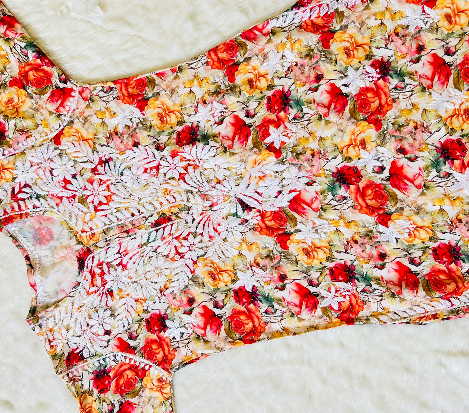 Kiara Peach Roses Printed Rayon Chikankari Kurta