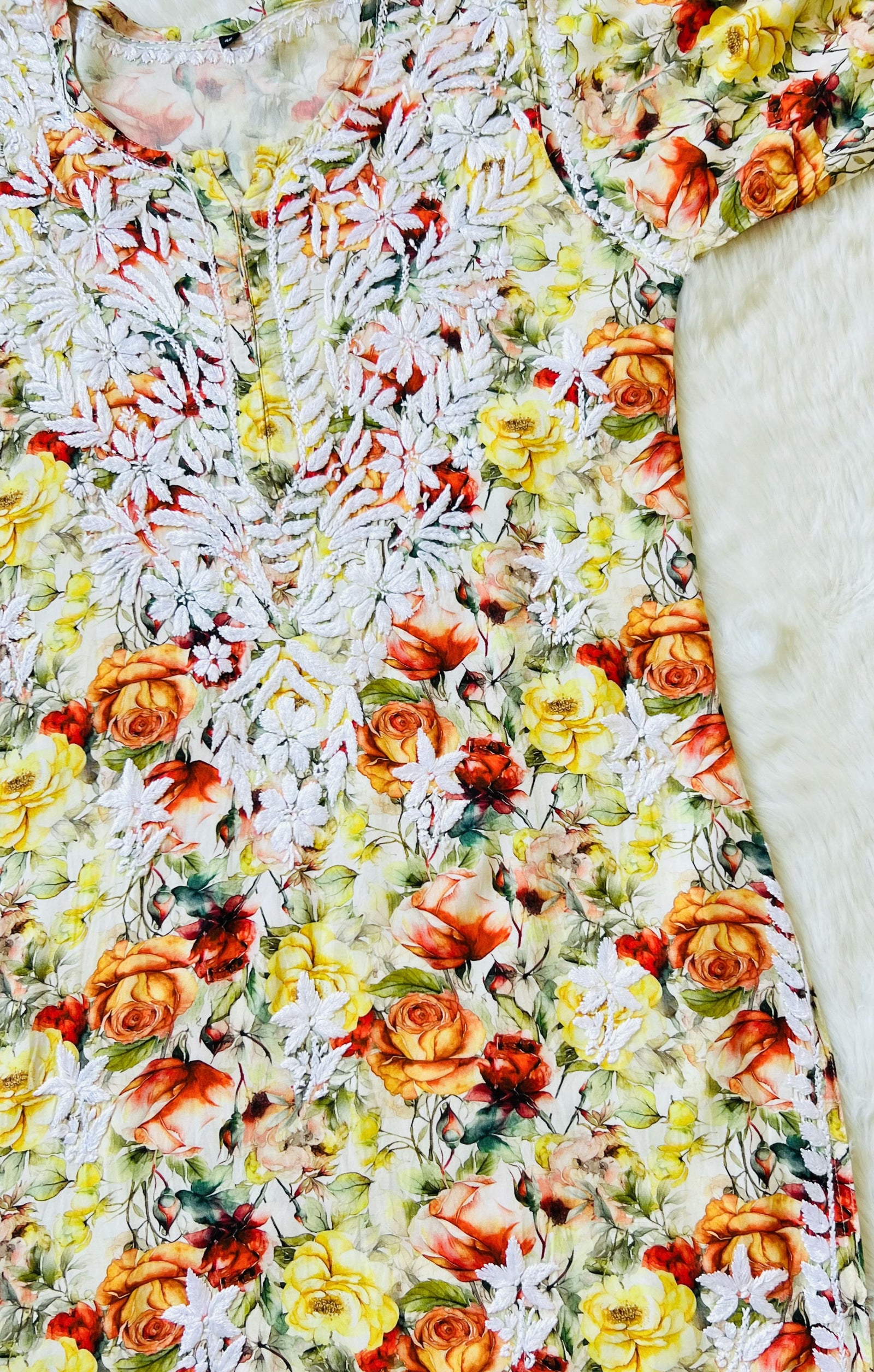 Kiara Yellow Roses Printed Rayon Chikankari Kurta
