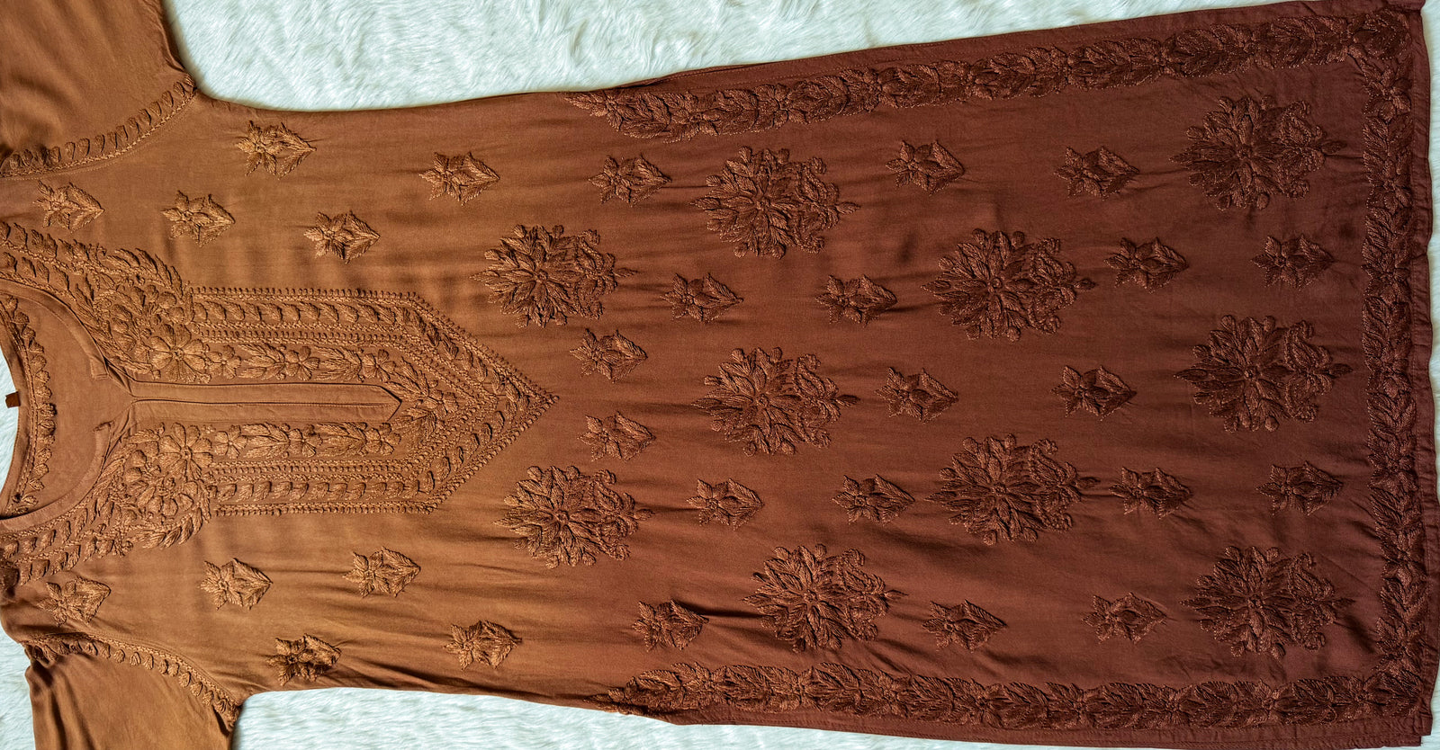 Leela Brown Rayon Kurta Bottom Set with Self Chikankari Handwork