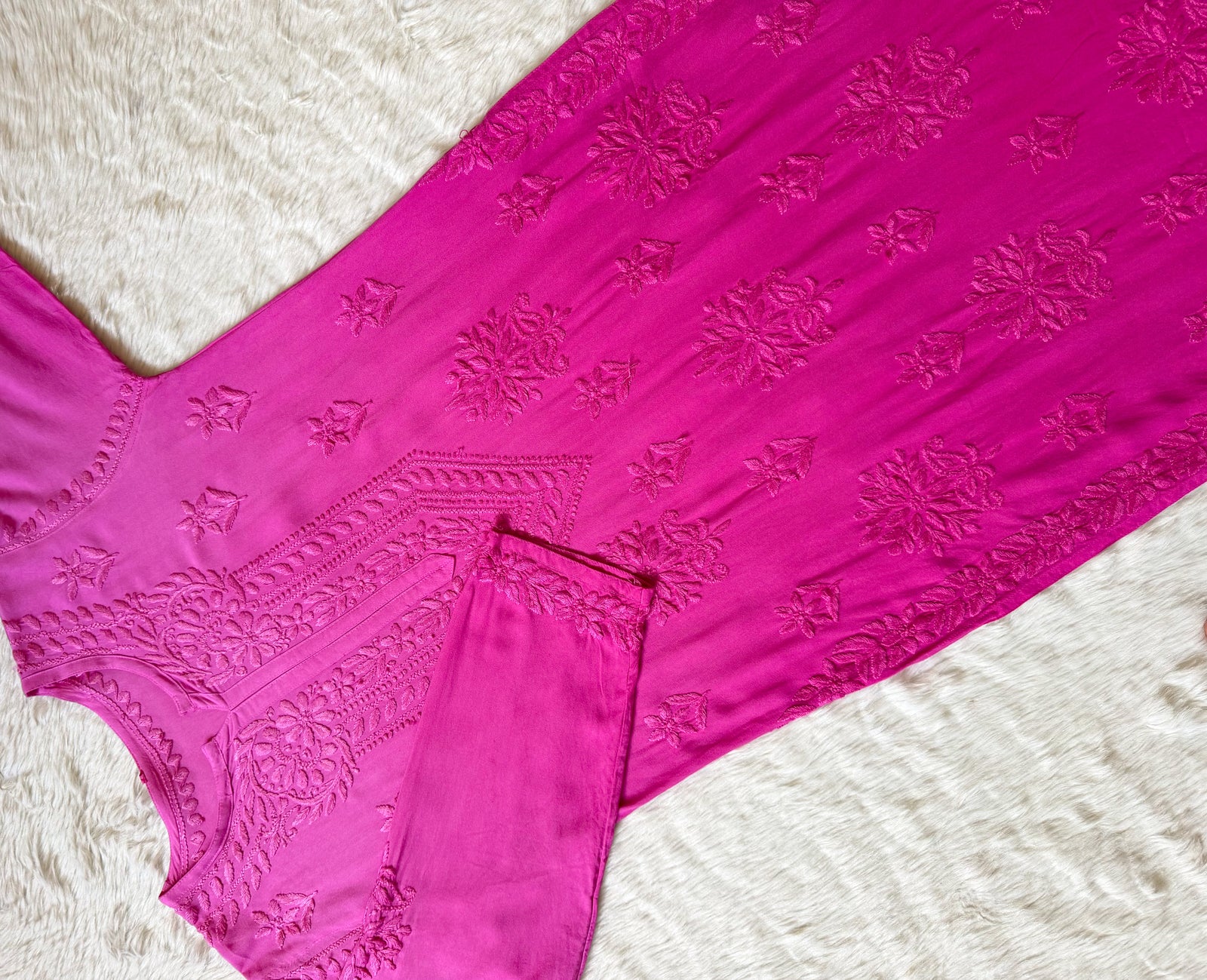 Leela Pink Rayon Kurta Bottom Set with Self Chikankari Handwork