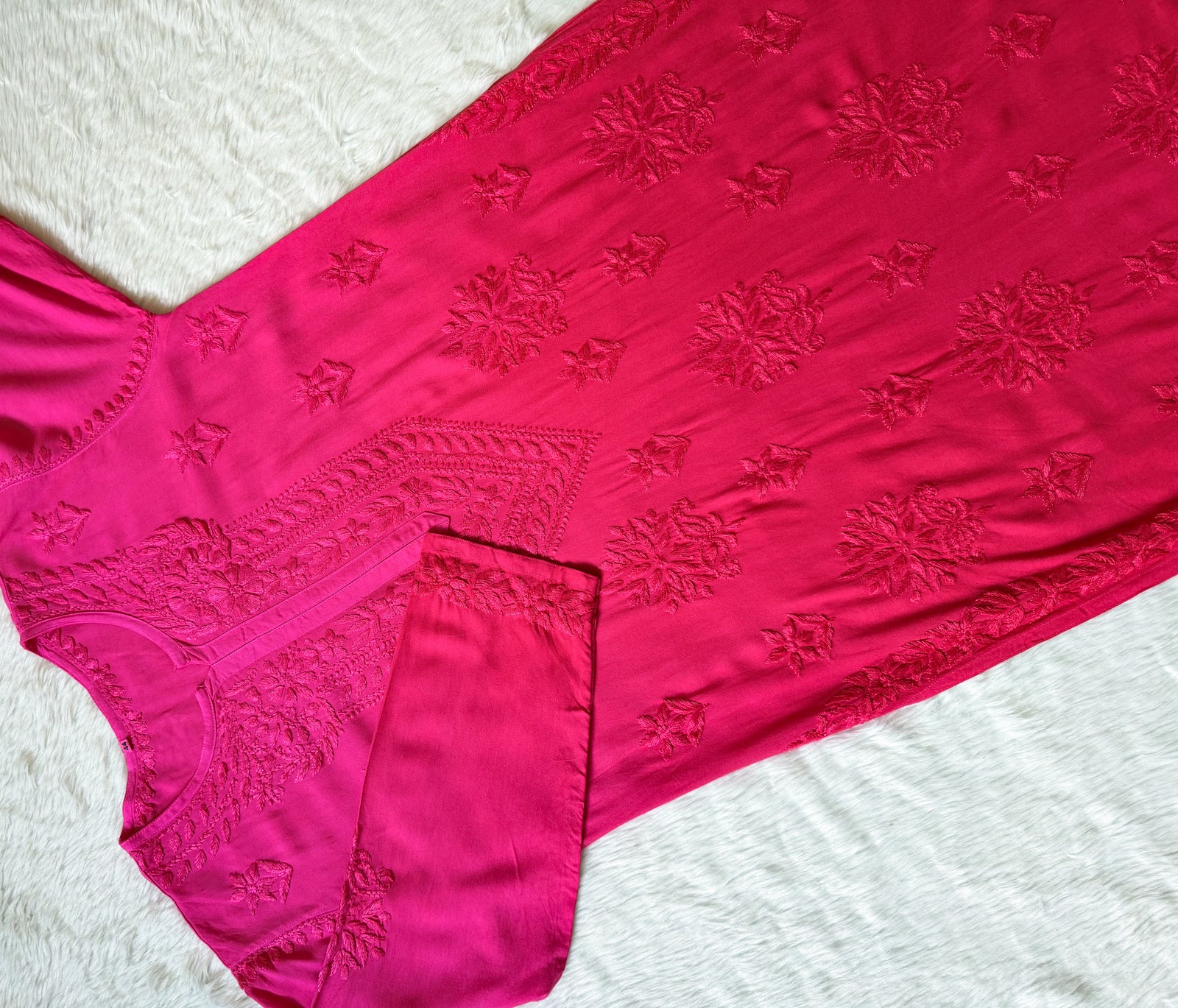 Leela Rose Pink Rayon Kurta Bottom Set with Self Chikankari Handwork