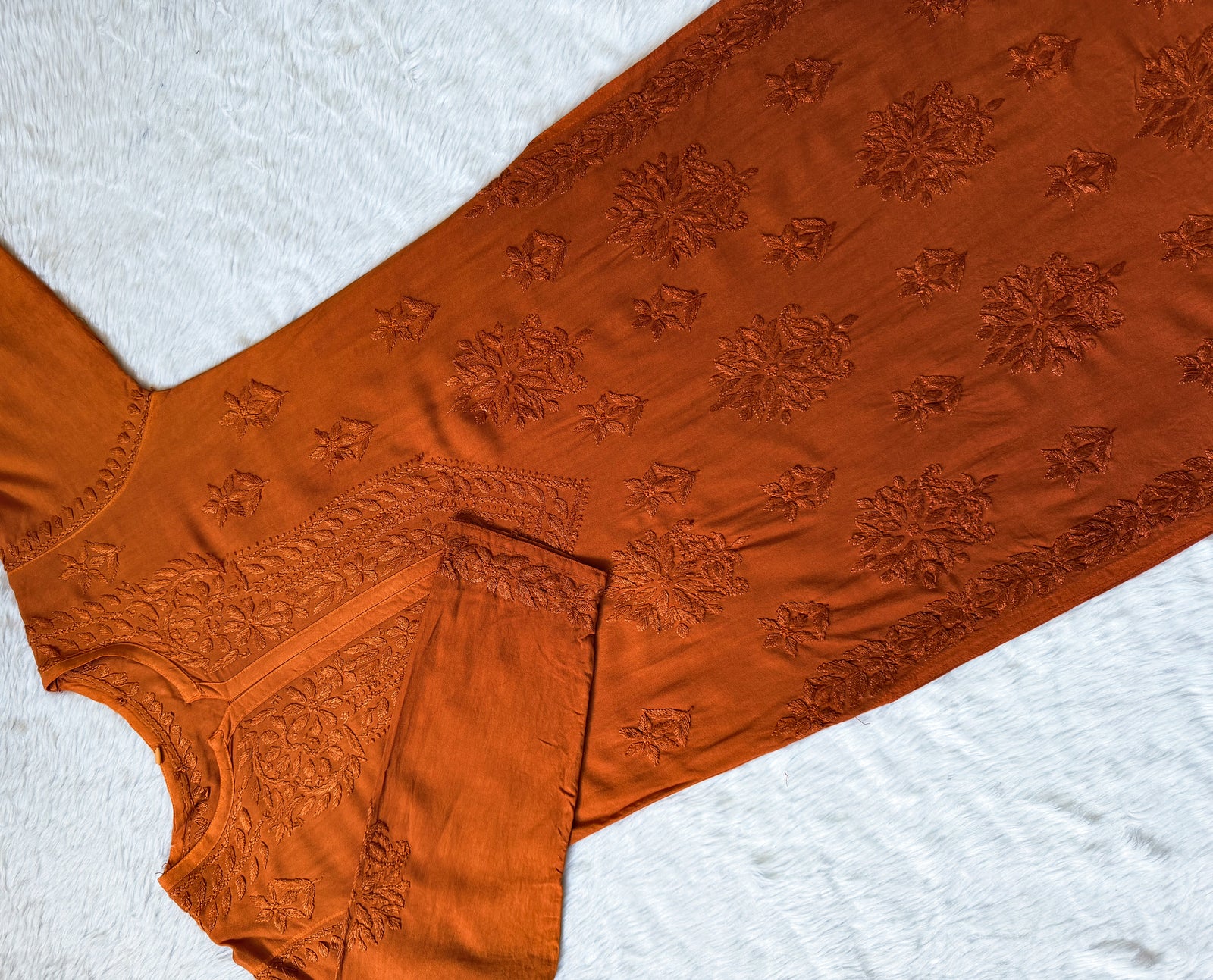 Leela Rust Rayon Kurta Bottom Set with Self Chikankari Handwork