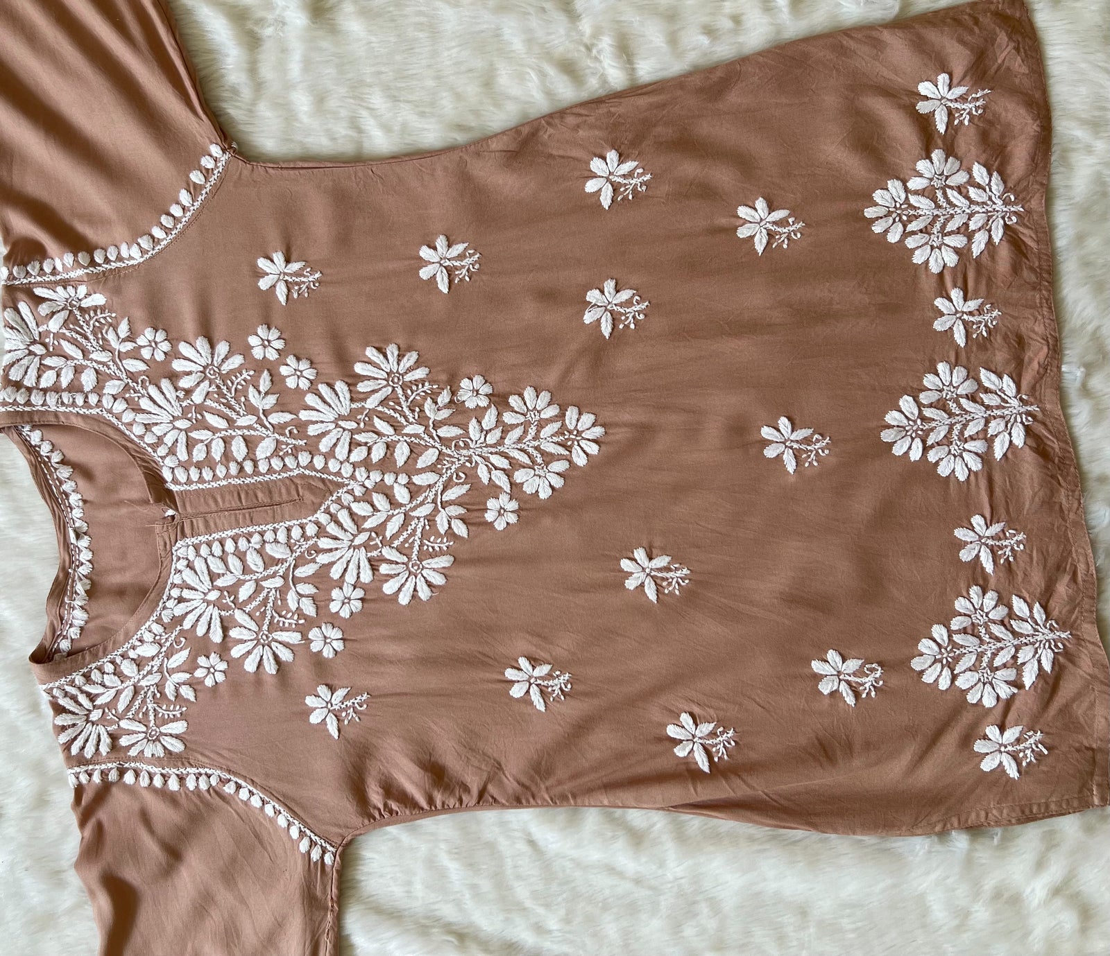 Light Brown Short Rayon Kurta with White Chikankari