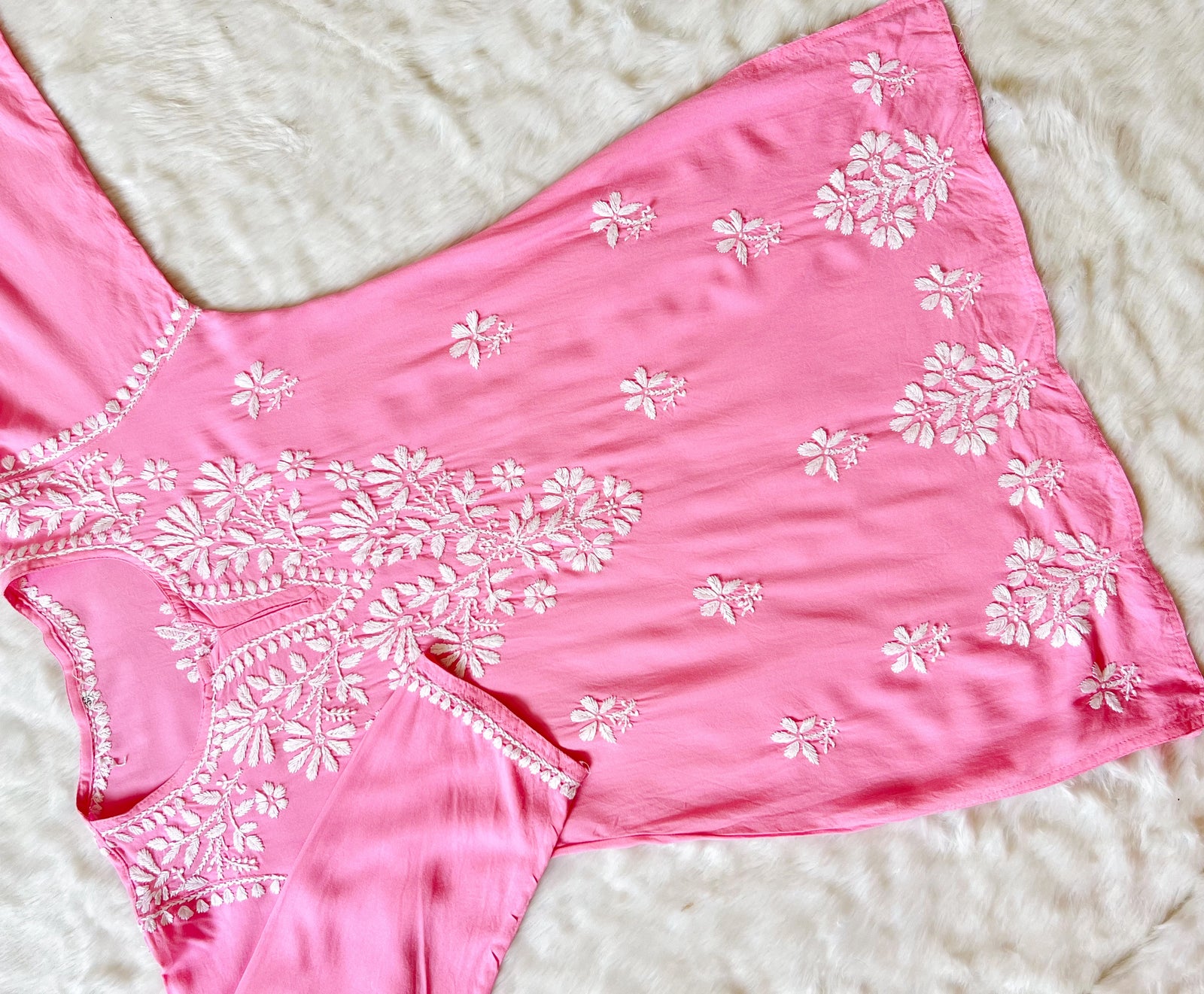 Light Pink Short Rayon Kurta with White Chikankari