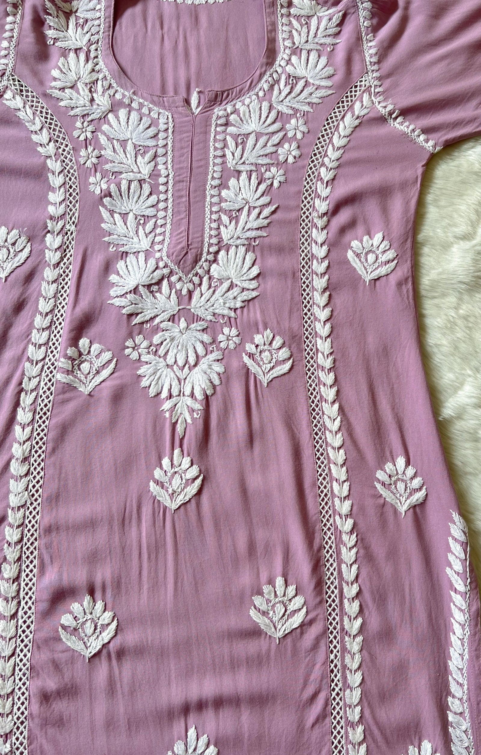 Lilac Long Lace Rayon Chikankari Kurta