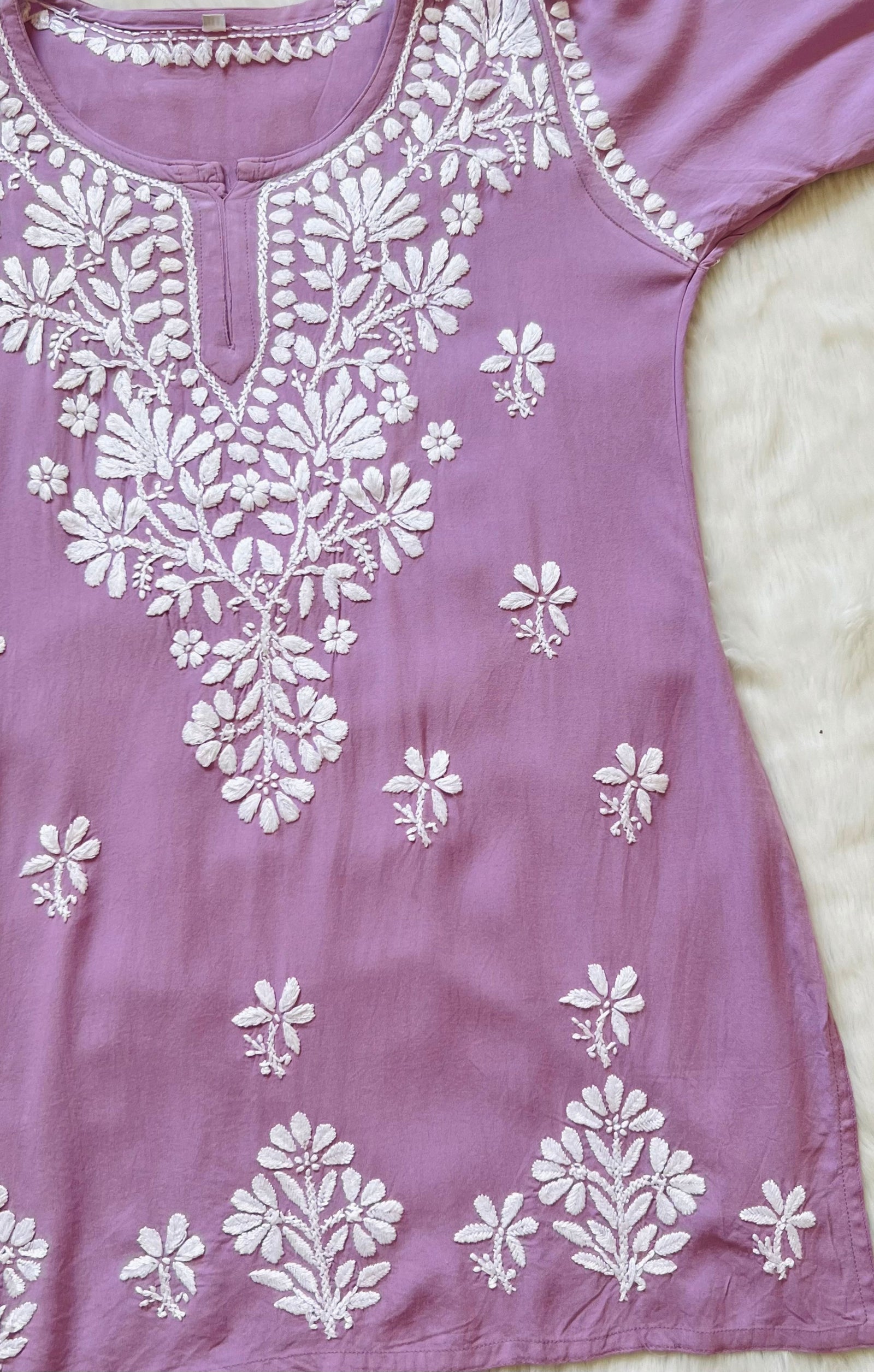 Lilac Short Rayon Kurta with White Chikankari