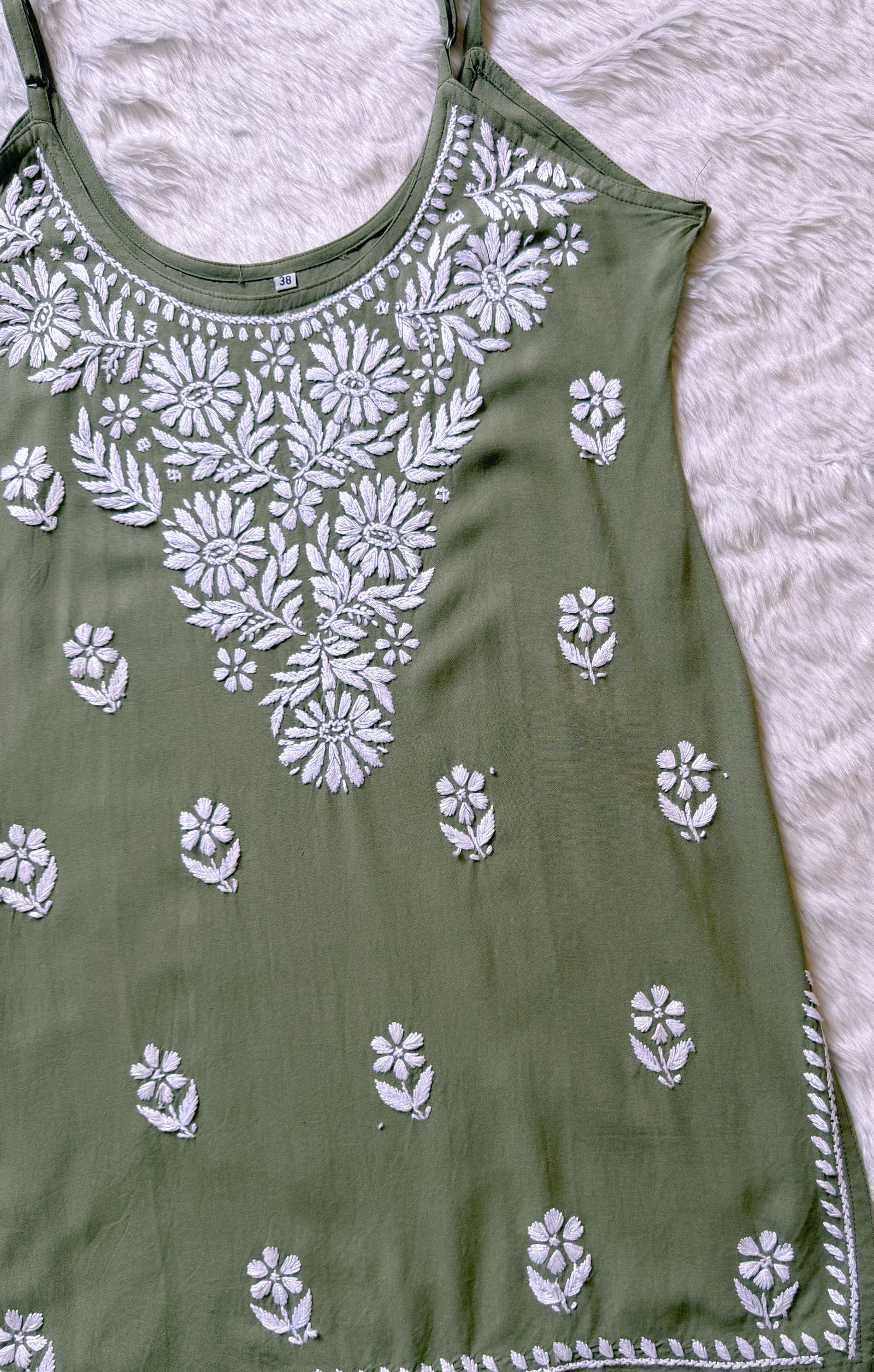 Lyla Moss Green Sleeveless Short Rayon Kurti