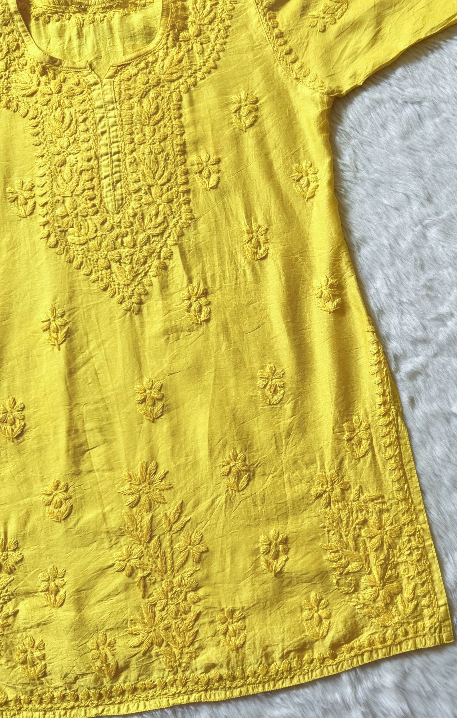 Maahi Butter Yellow Short Chanderi Chikankari Kurti