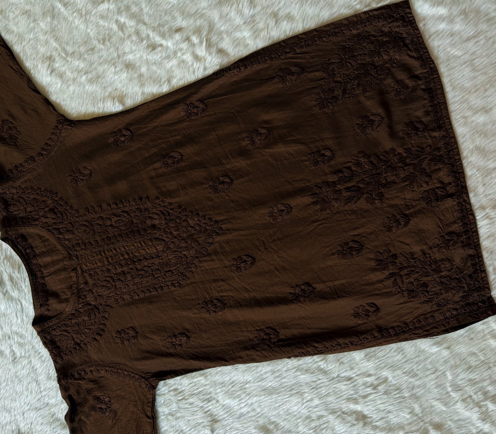 Maahi Caramel Brown Short Chanderi Chikankari Kurti