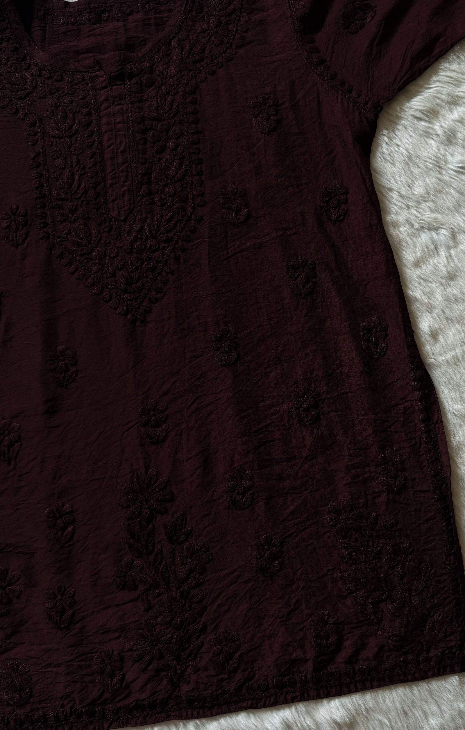 Maahi Chocolate Brown Short Chanderi Chikankari Kurti
