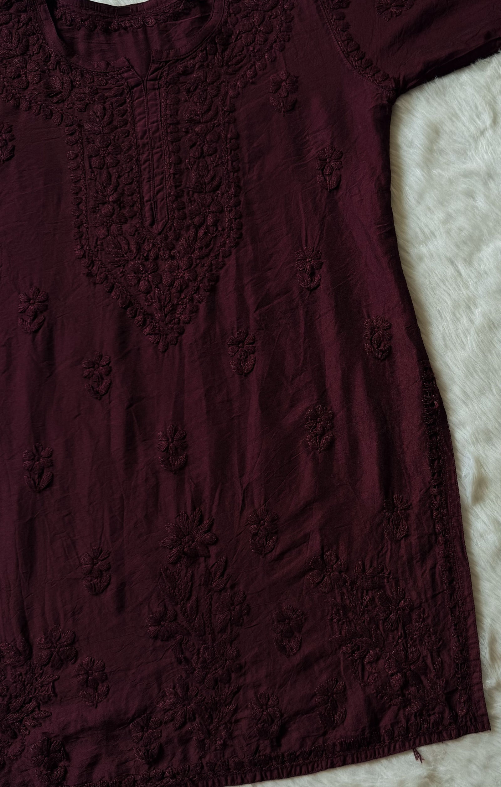 Maahi Dark Plum Short Chanderi Chikankari Kurti