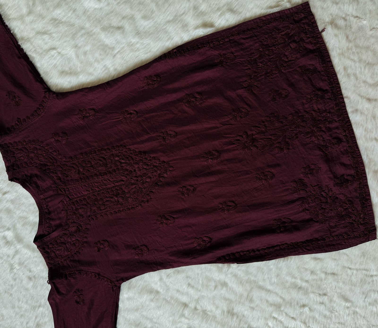 Maahi Dark Plum Short Chanderi Chikankari Kurti