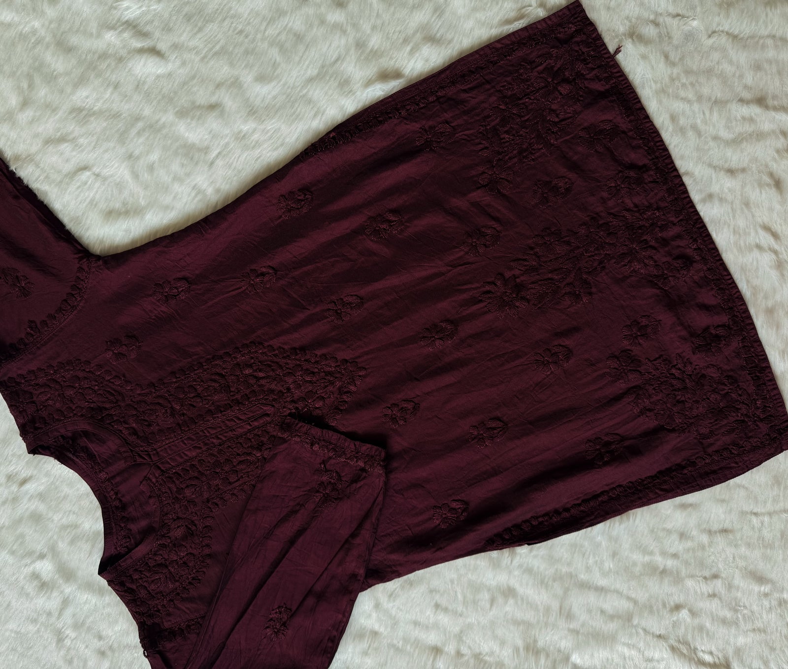 Maahi Dark Plum Short Chanderi Chikankari Kurti