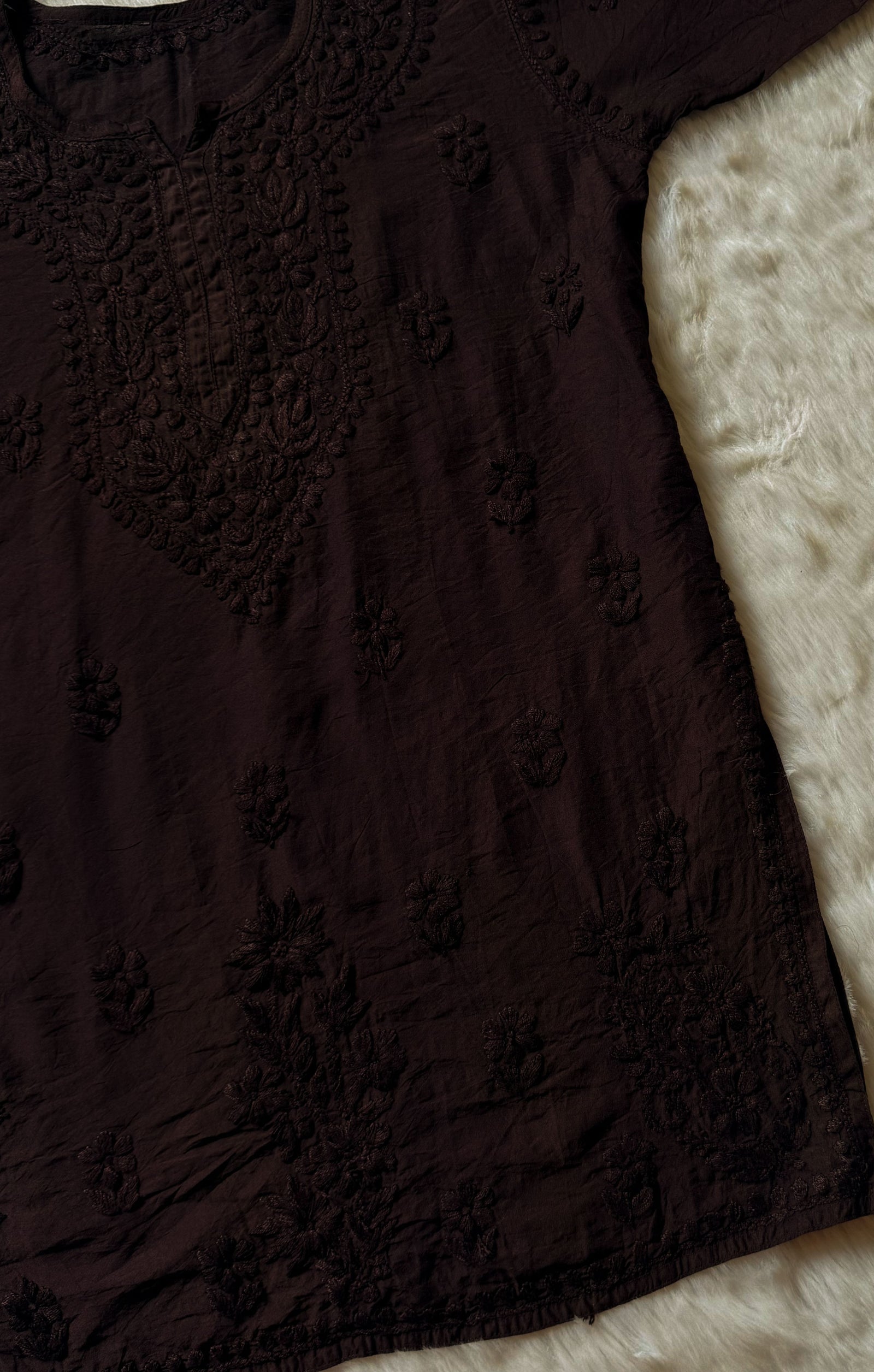 Maahi Espresso Brown Short Chanderi Chikankari Kurti