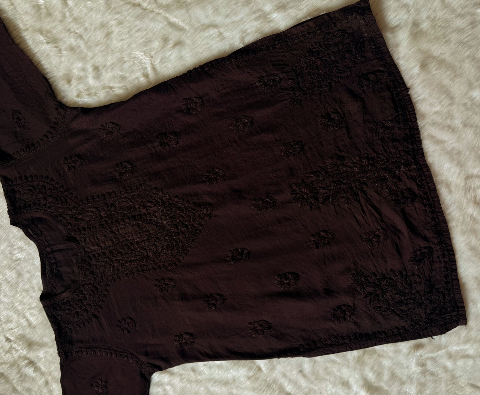 Maahi Espresso Brown Short Chanderi Chikankari Kurti