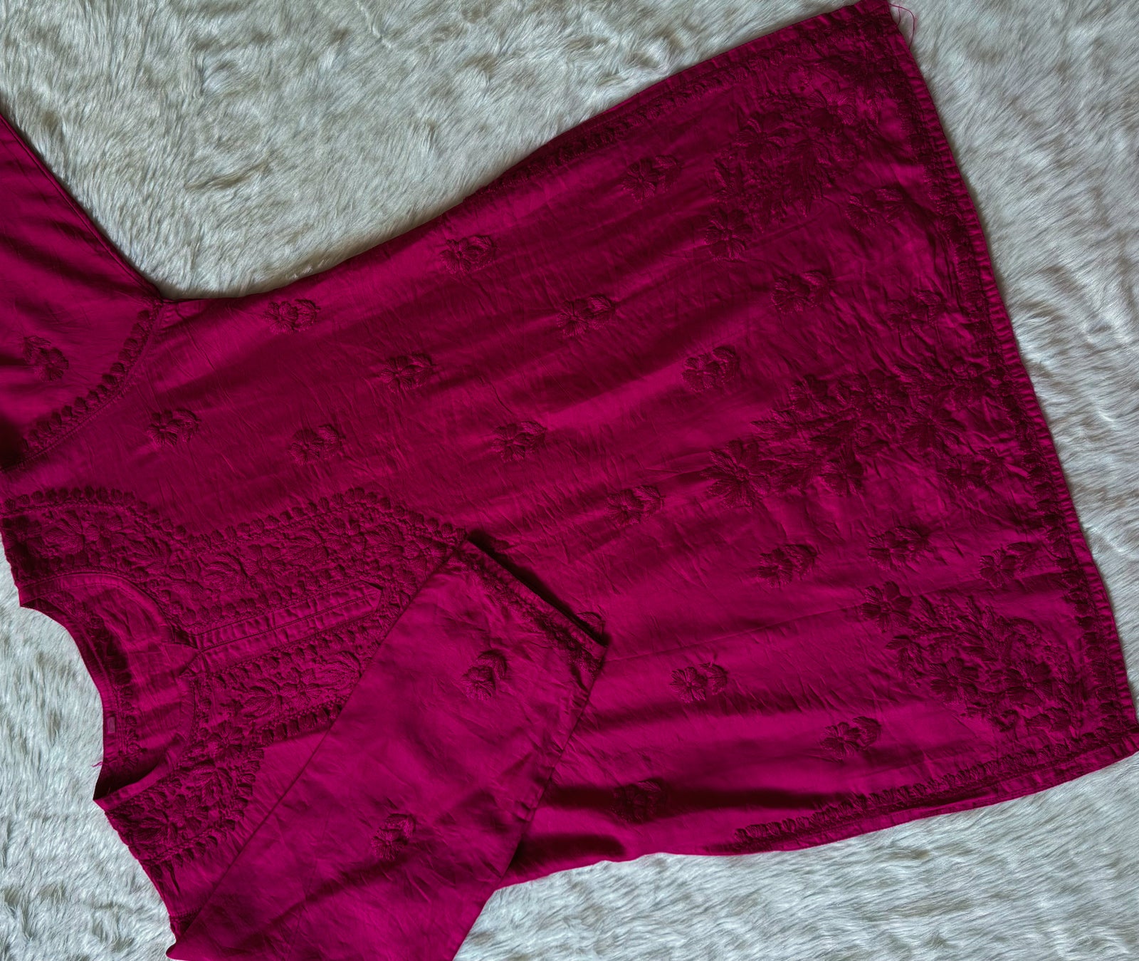 Maahi Hot Pink Short Chanderi Chikankari Kurti