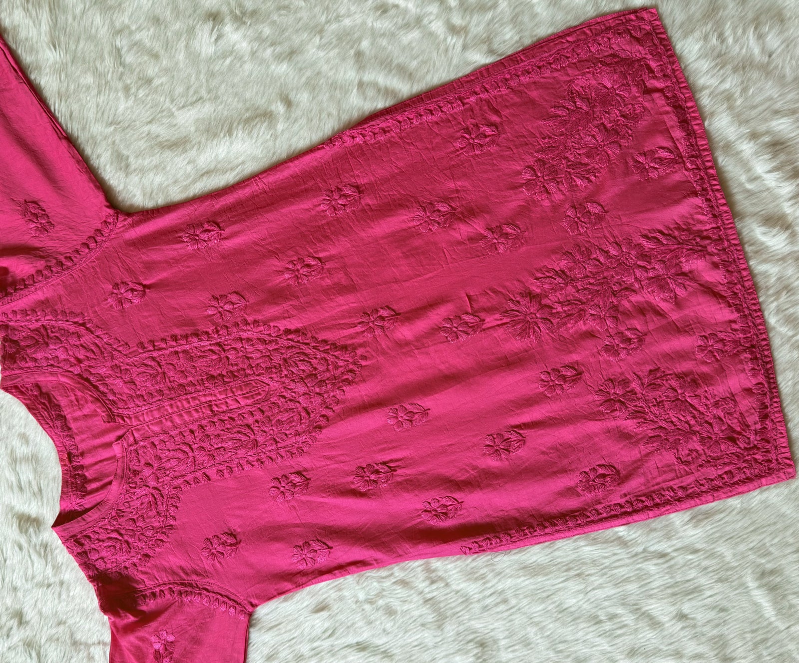 Maahi Pink Short Chanderi Chikankari Kurti