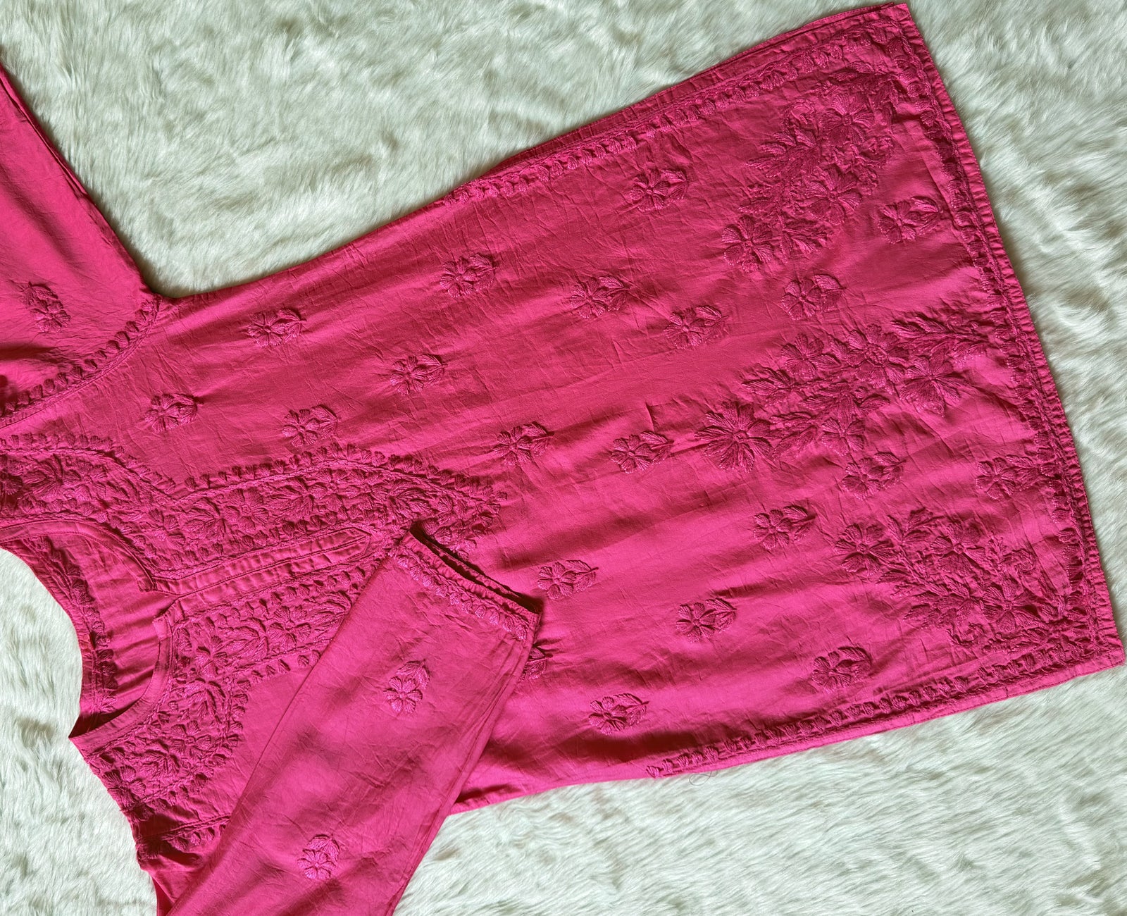 Maahi Pink Short Chanderi Chikankari Kurti