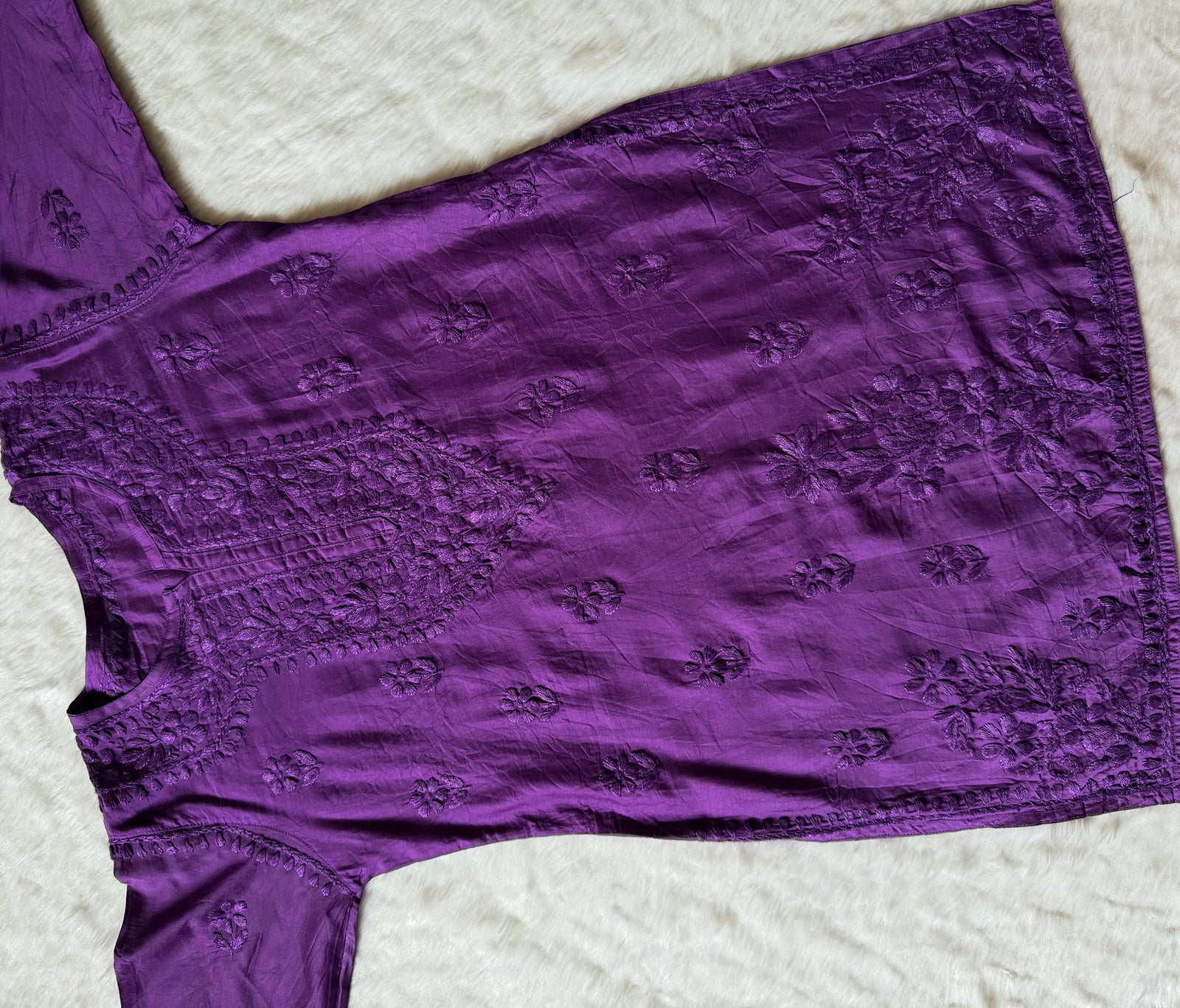 Maahi Purple Short Chanderi Chikankari Kurti