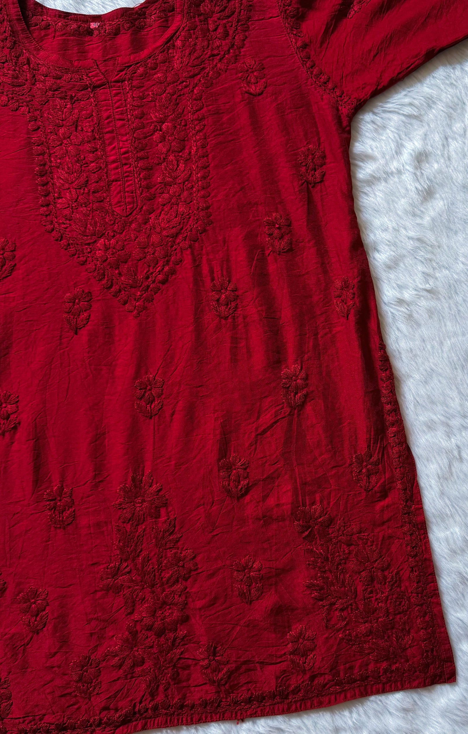 Maahi Red Short Chanderi Chikankari Kurti