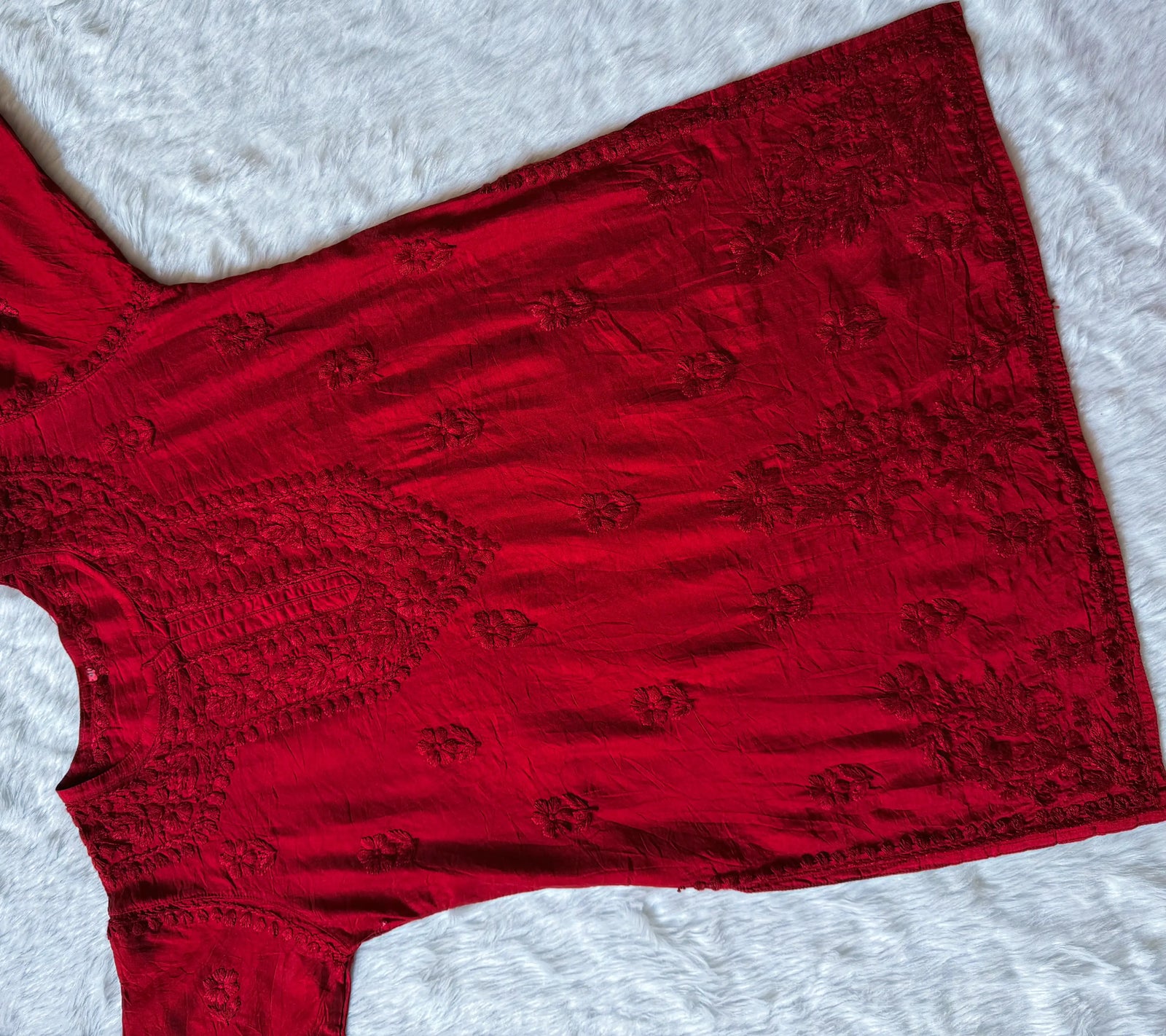 Maahi Red Short Chanderi Chikankari Kurti