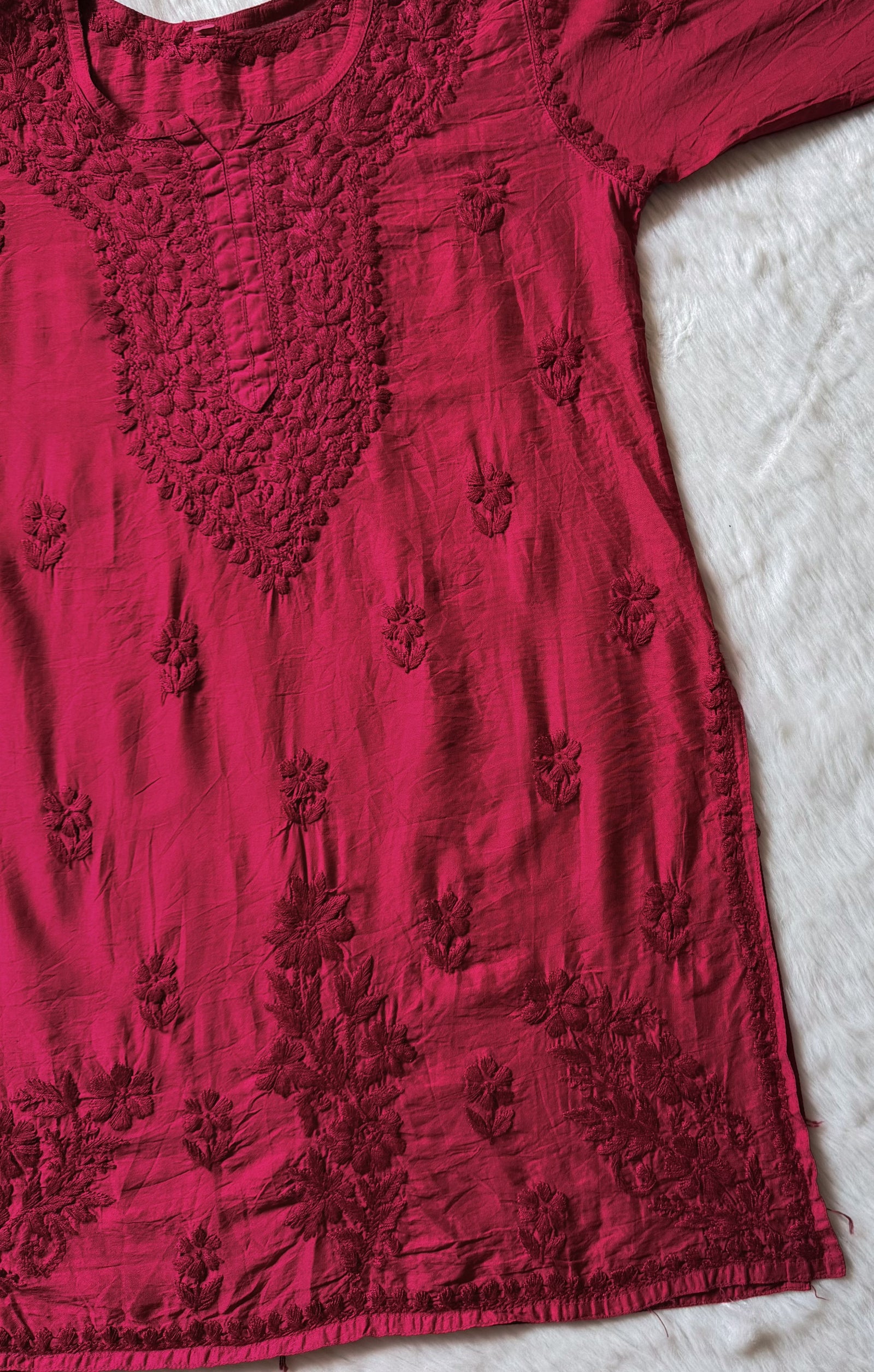 Maahi Rouge Pink Short Chanderi Chikankari Kurti
