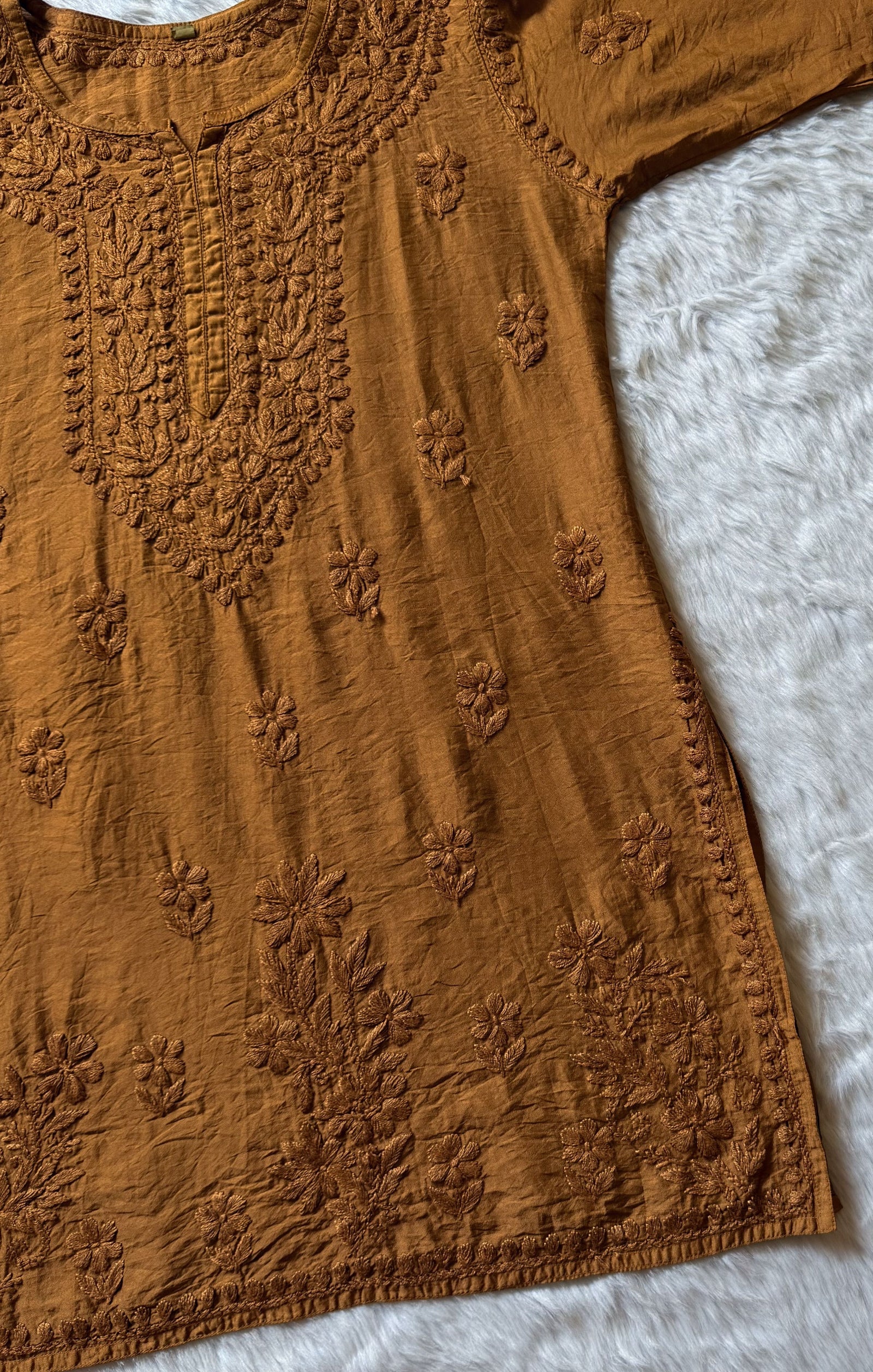 Maahi Tan Colour Short Chanderi Chikankari Kurti