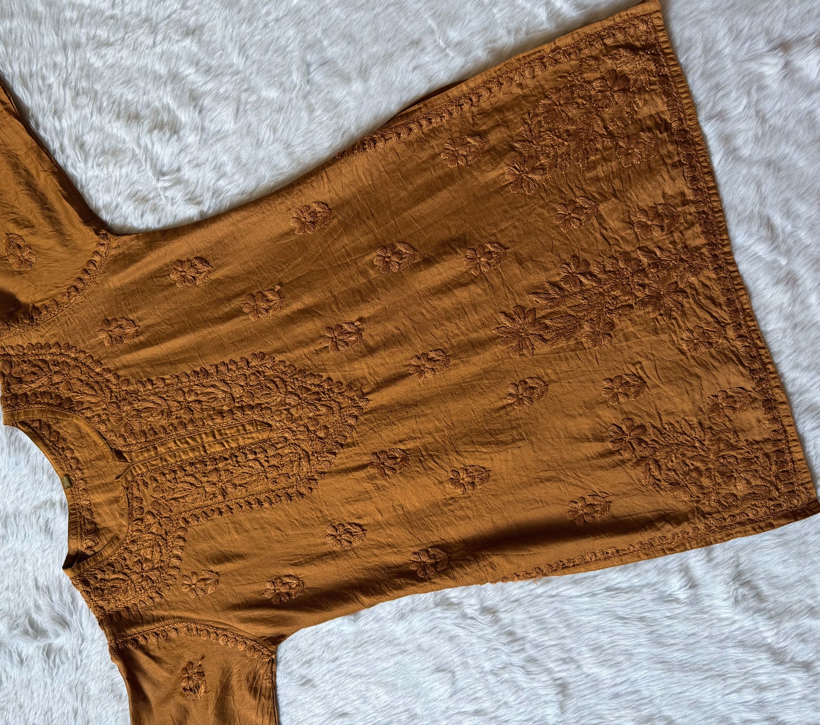 Maahi Tan Colour Short Chanderi Chikankari Kurti