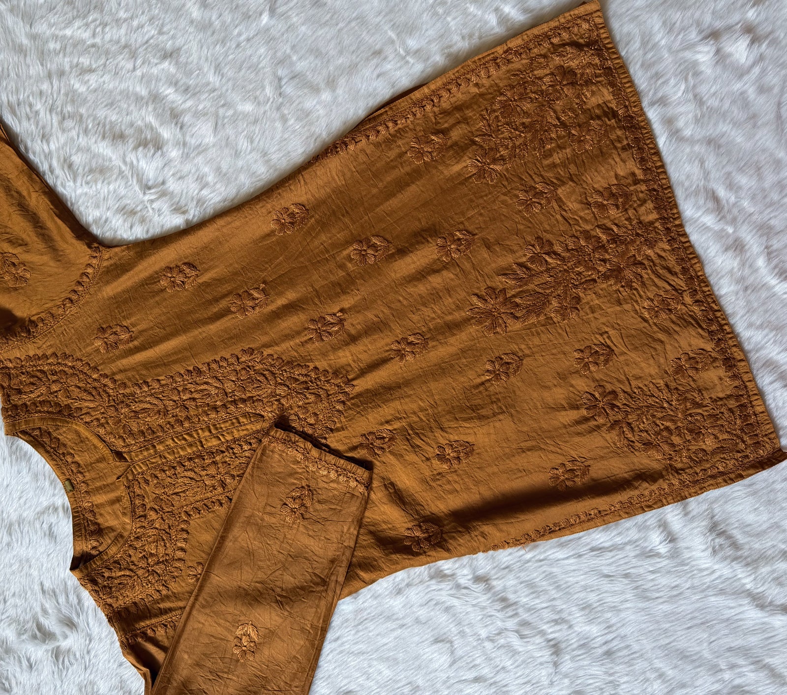 Maahi Tan Colour Short Chanderi Chikankari Kurti